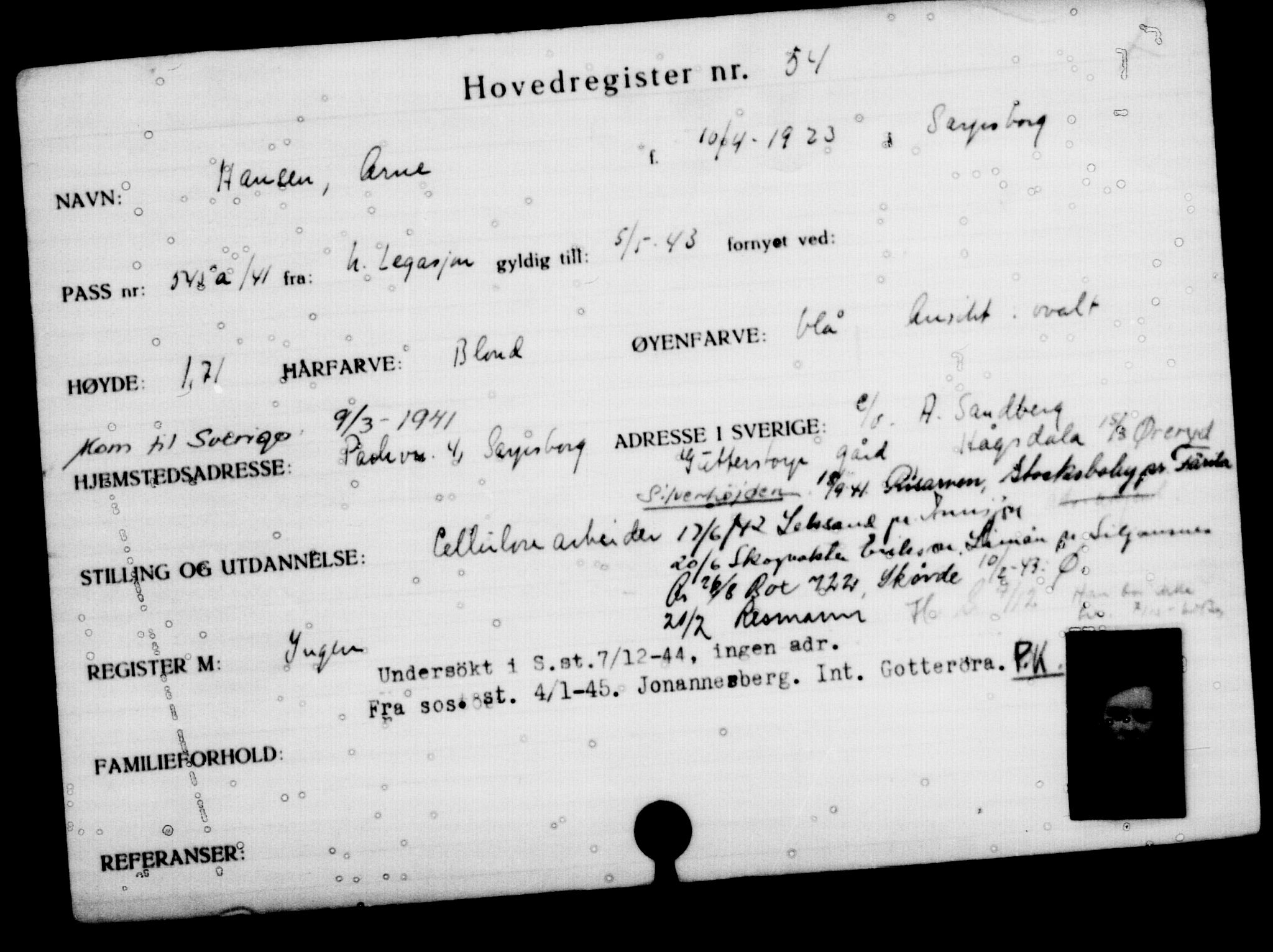 Utenriksstasjonene, Legasjonen i Stockholm, Flyktningkontoret, AV/RA-S-6753/V/Va/L0001: Kjesäterkartoteket, flyktninger med registreringsnr. 1-1000, 1940-1945, p. 93