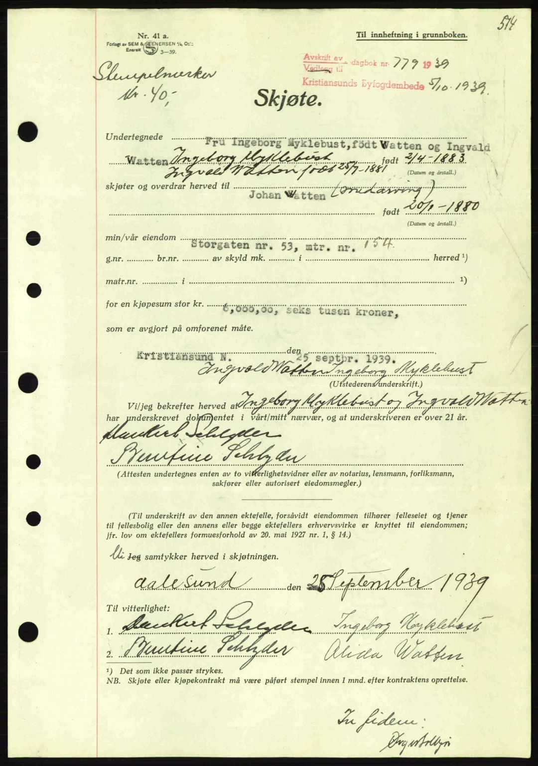 Kristiansund byfogd, AV/SAT-A-4587/A/27: Mortgage book no. 30, 1936-1941, Diary no: : 779/1939