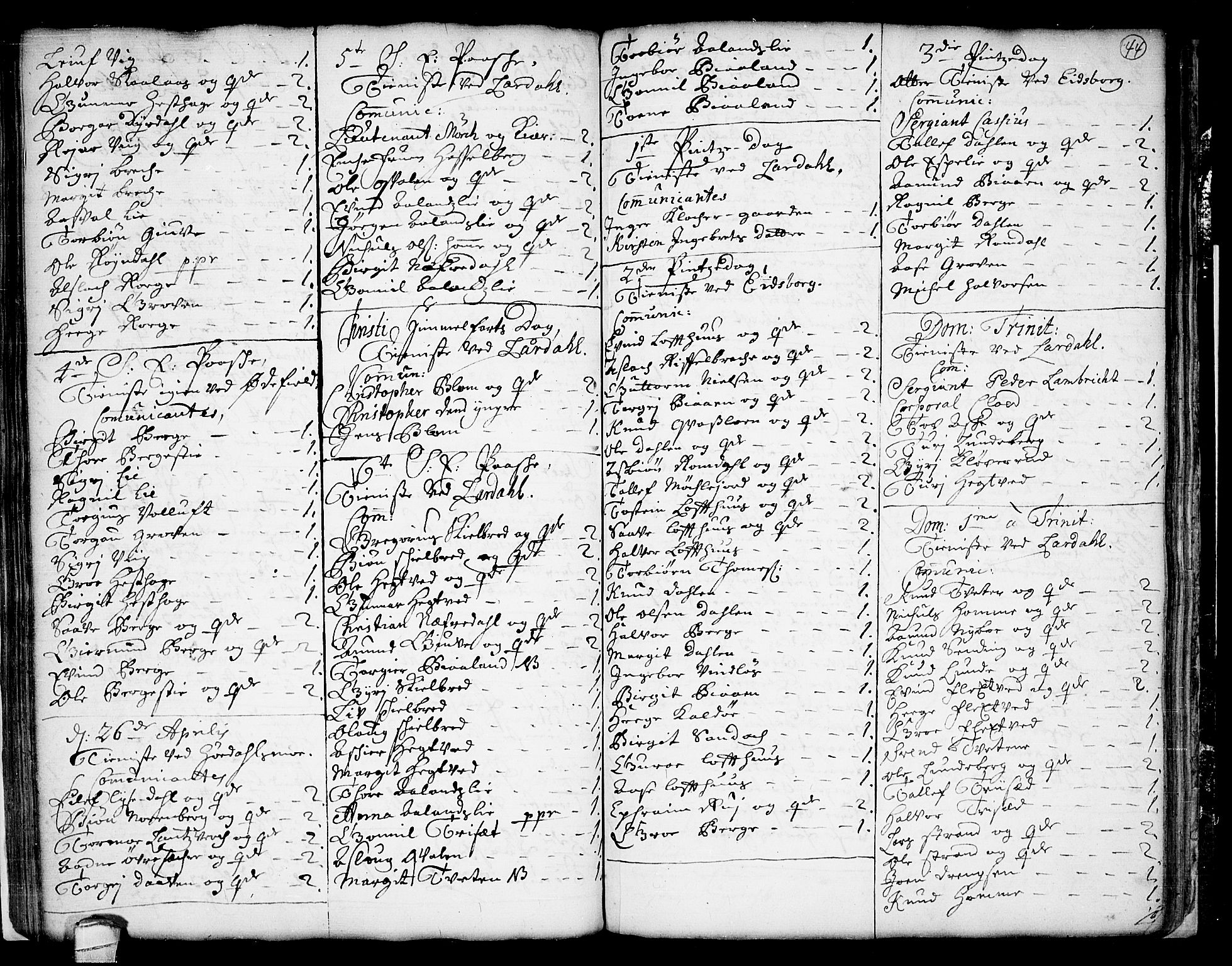 Lårdal kirkebøker, SAKO/A-284/F/Fa/L0001: Parish register (official) no. I 1, 1721-1734, p. 44