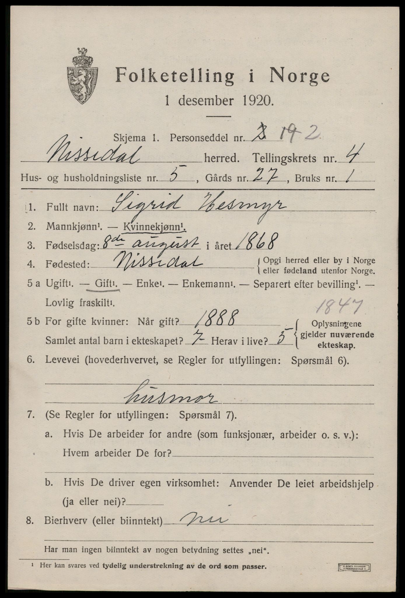 SAKO, 1920 census for Nissedal, 1920, p. 1863