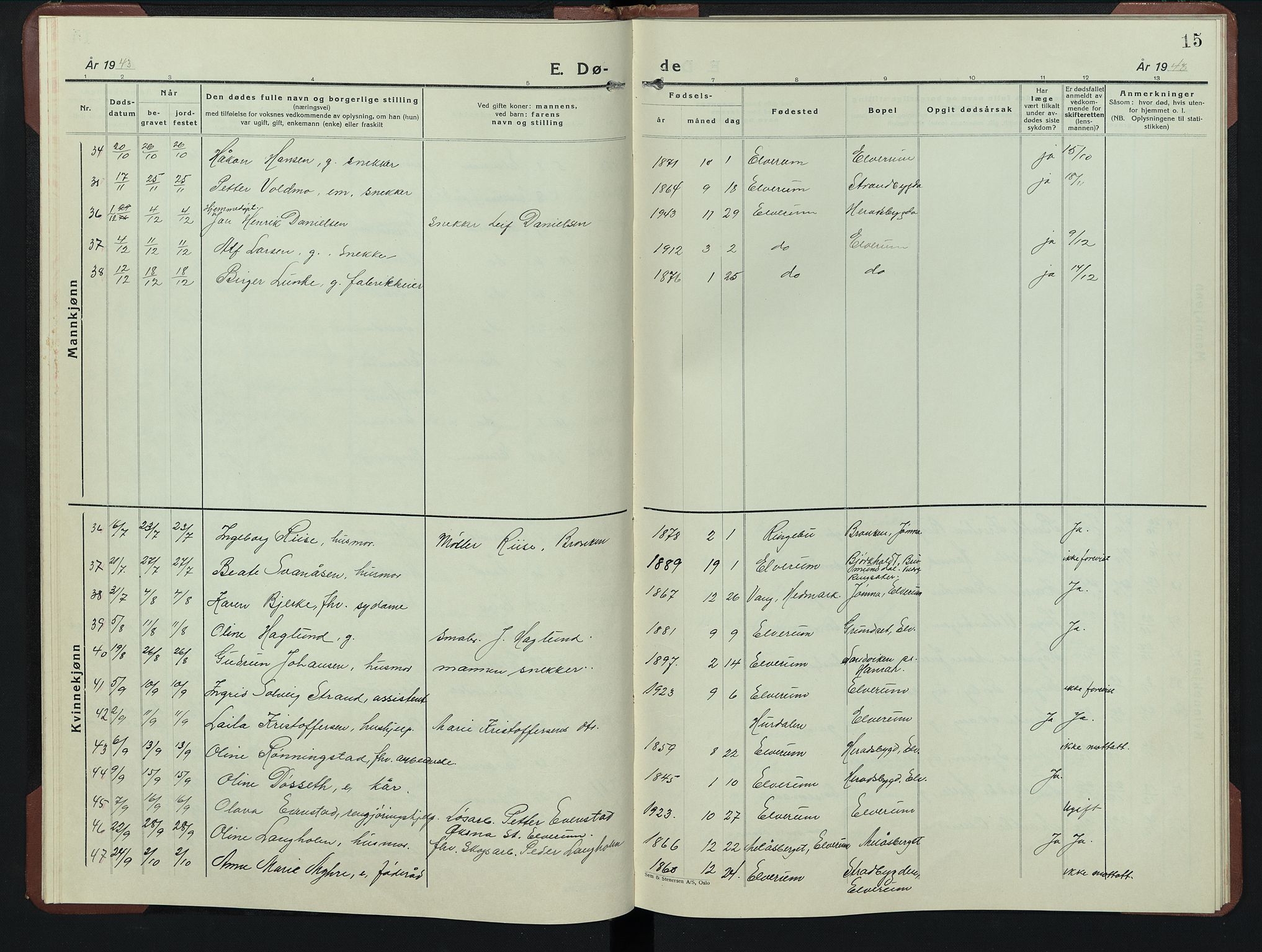 Elverum prestekontor, AV/SAH-PREST-044/H/Ha/Hab/L0020: Parish register (copy) no. 20, 1941-1952, p. 15