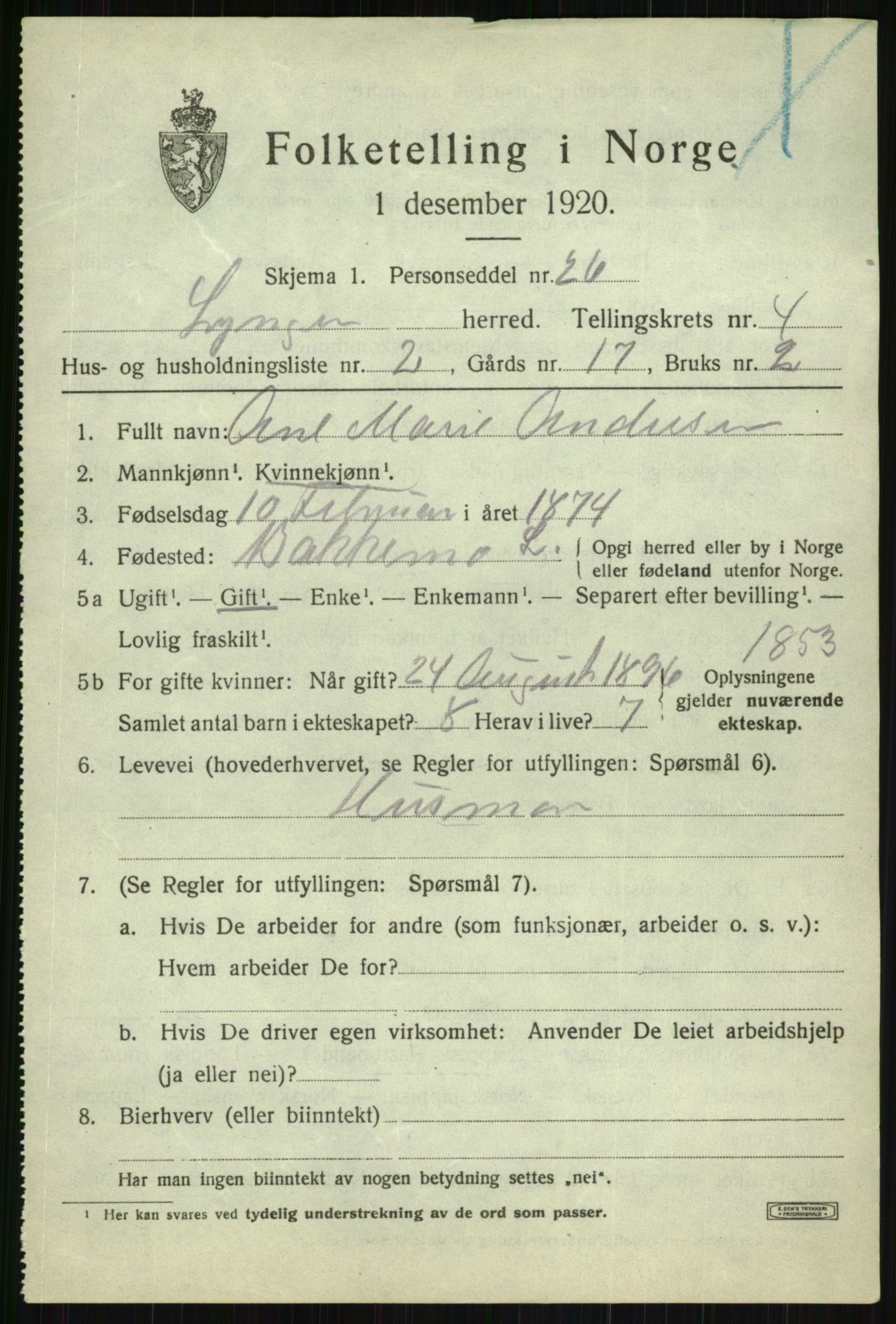 SATØ, 1920 census for Lyngen, 1920, p. 4073