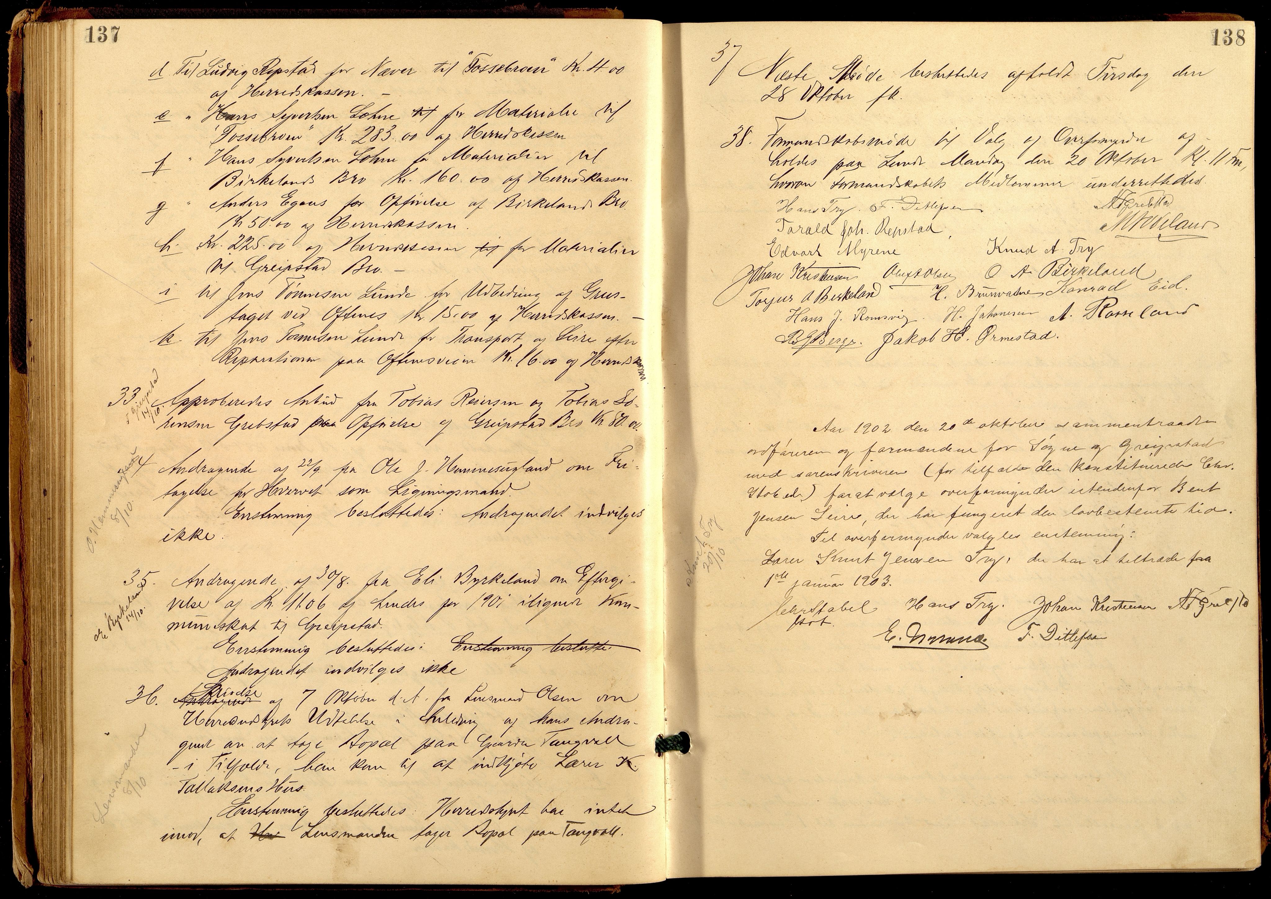 Søgne og Greipstad kommune - Formannskapet, ARKSOR/1018SG120/A/L0006: Møtebok (d), 1901-1909, p. 137-138