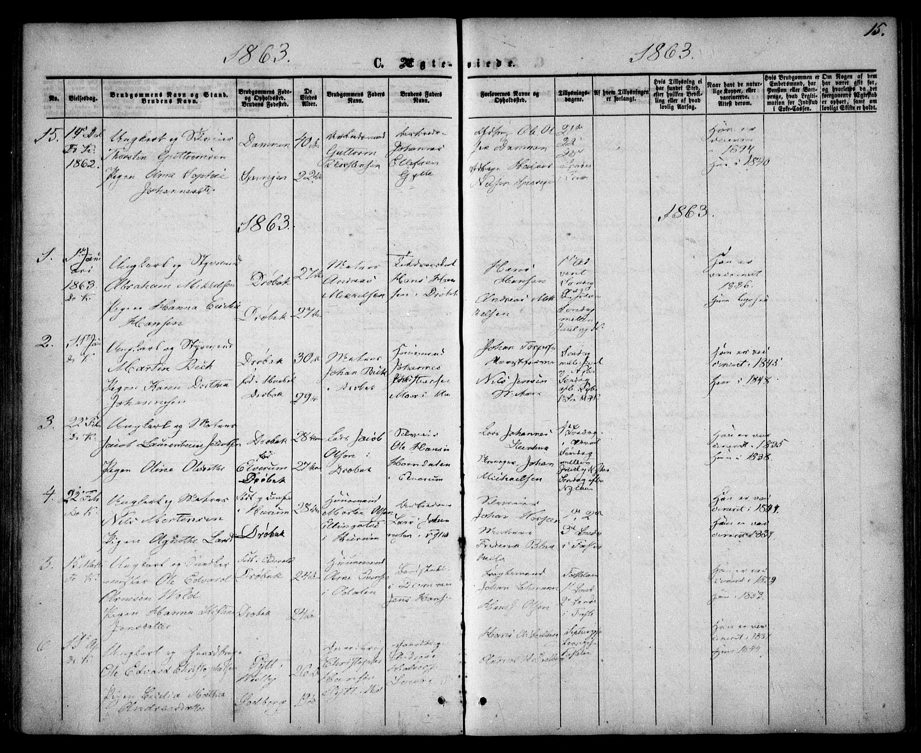 Drøbak prestekontor Kirkebøker, AV/SAO-A-10142a/F/Fa/L0002: Parish register (official) no. I 2, 1858-1870, p. 15