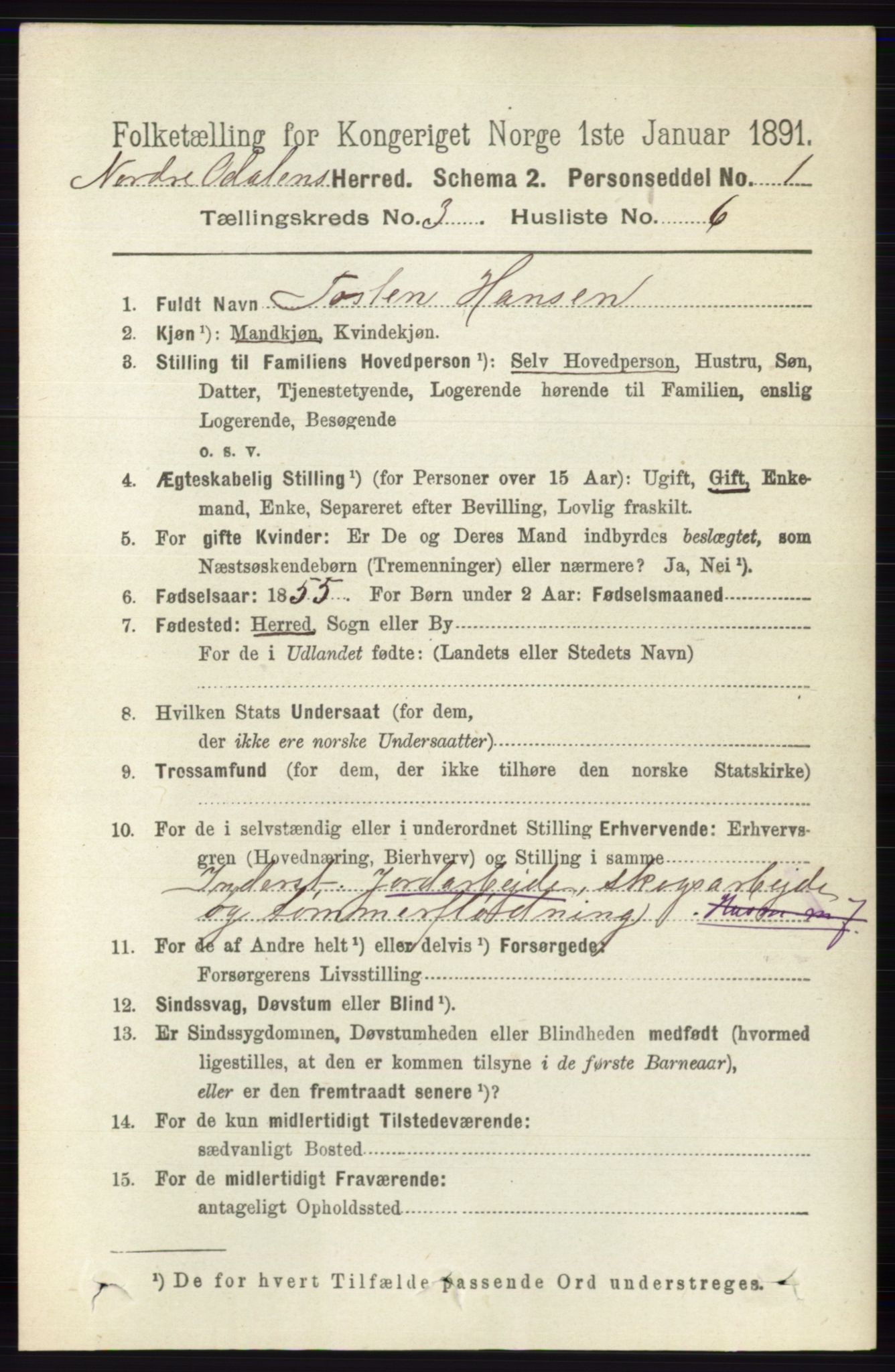 RA, 1891 census for 0418 Nord-Odal, 1891, p. 845