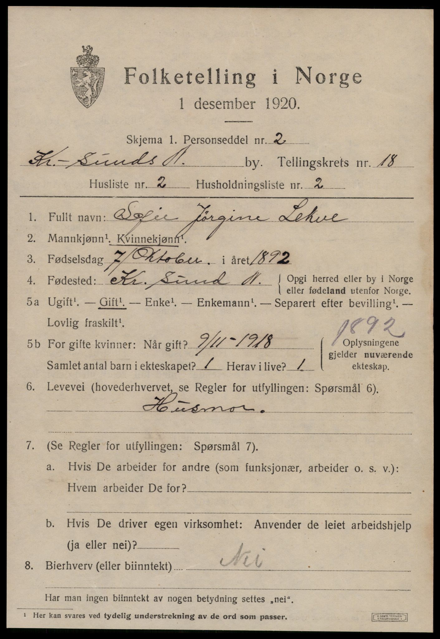 SAT, 1920 census for Kristiansund, 1920, p. 36977