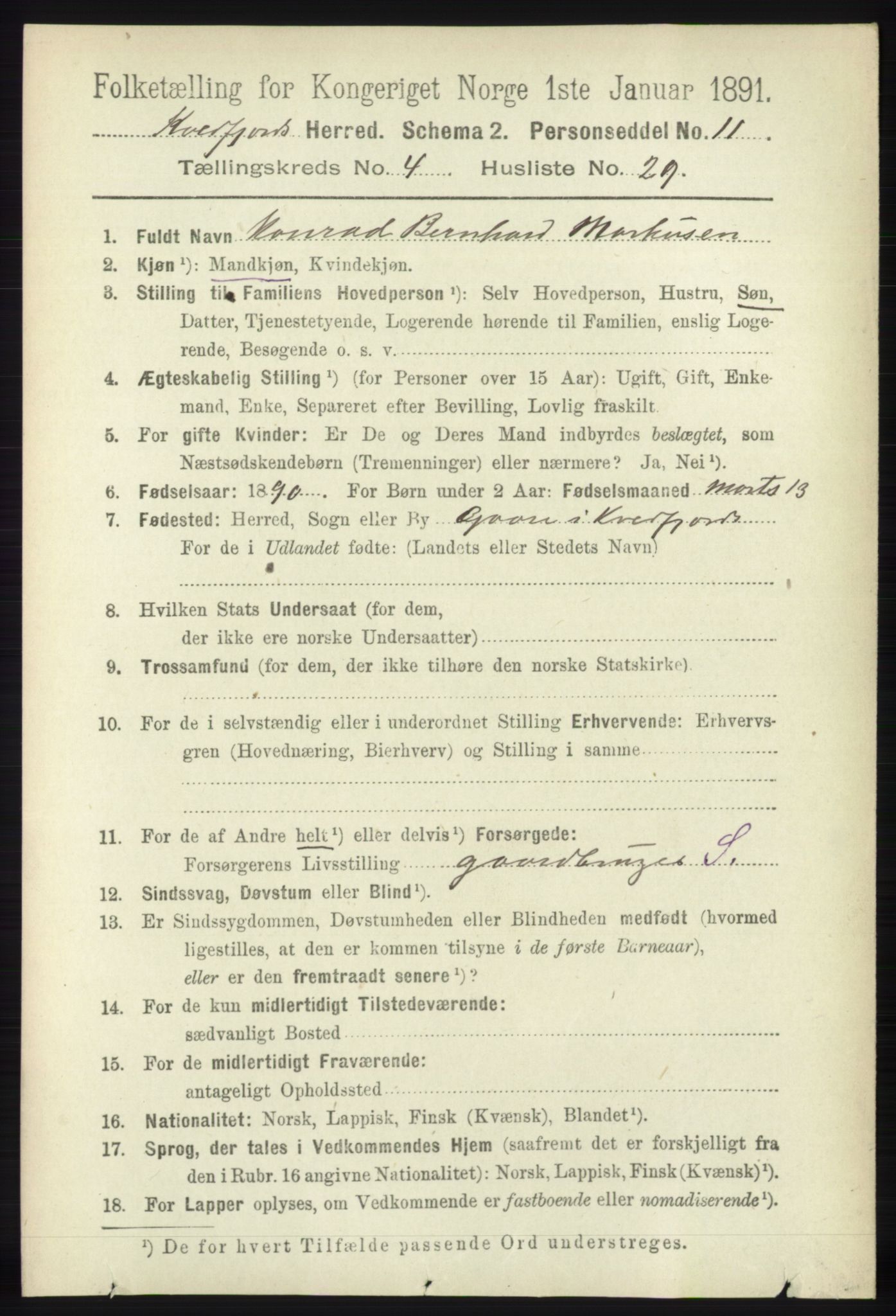 RA, 1891 census for 1911 Kvæfjord, 1891, p. 2084