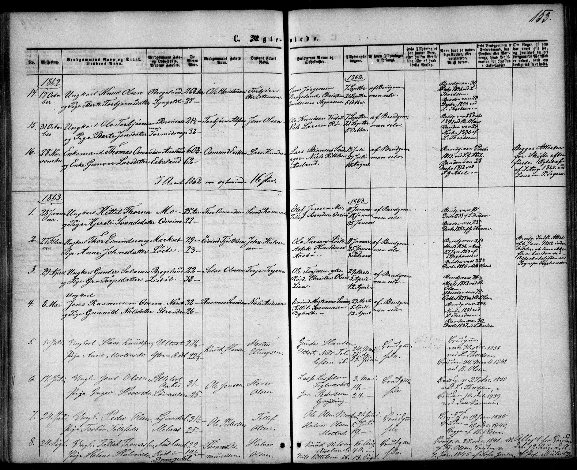 Gjerstad sokneprestkontor, AV/SAK-1111-0014/F/Fa/Faa/L0007: Parish register (official) no. A 7, 1858-1875, p. 153