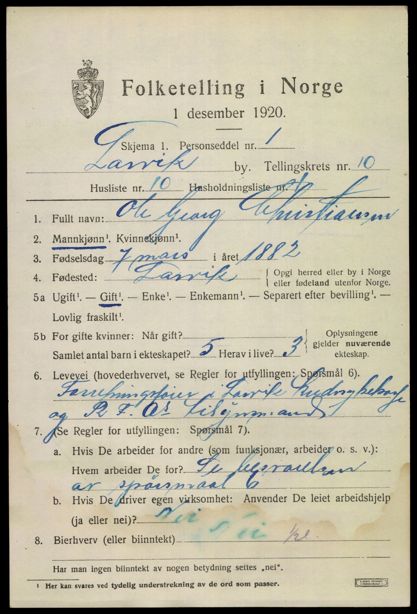 SAKO, 1920 census for Larvik, 1920, p. 26816