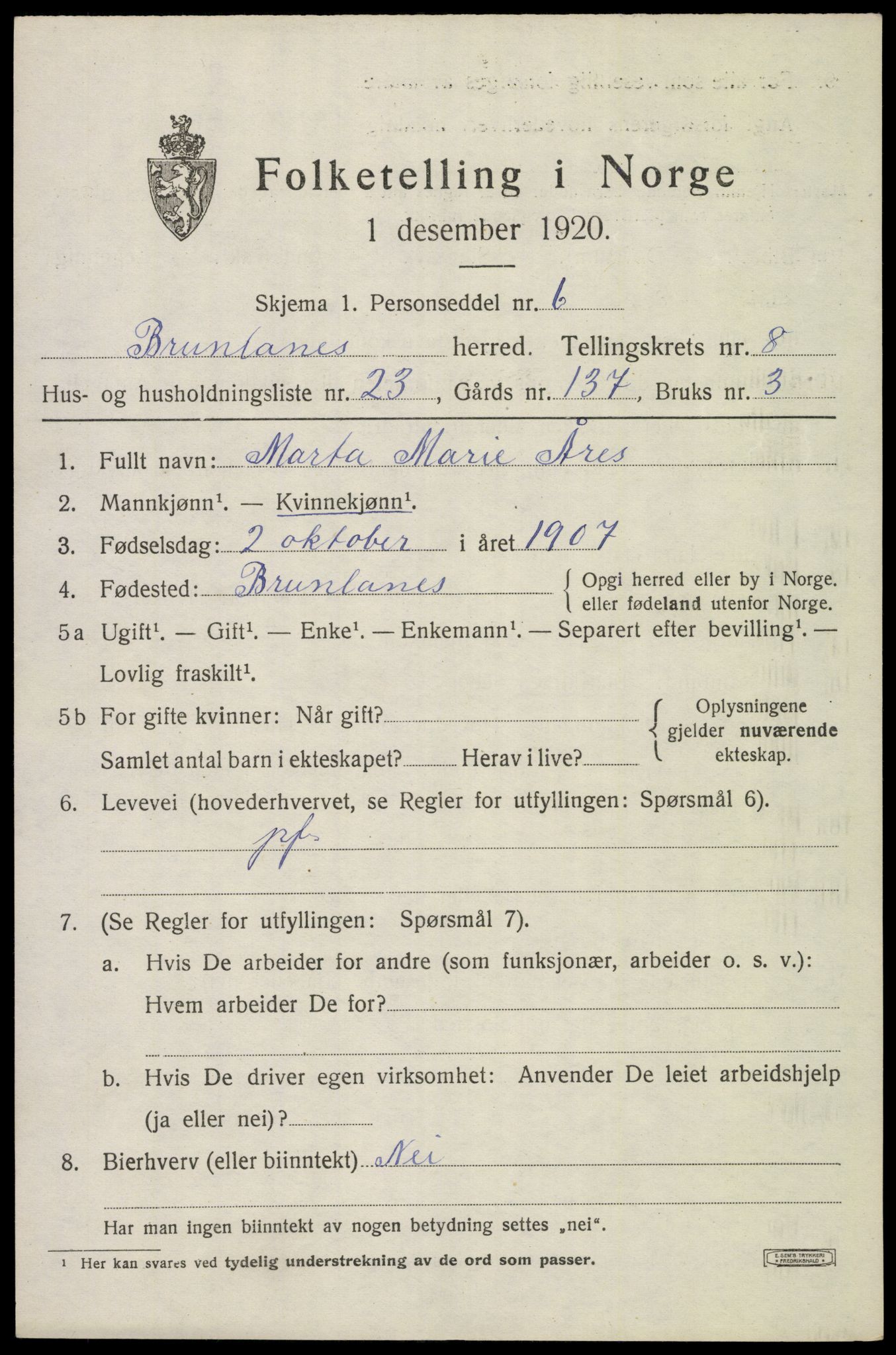 SAKO, 1920 census for Brunlanes, 1920, p. 7861