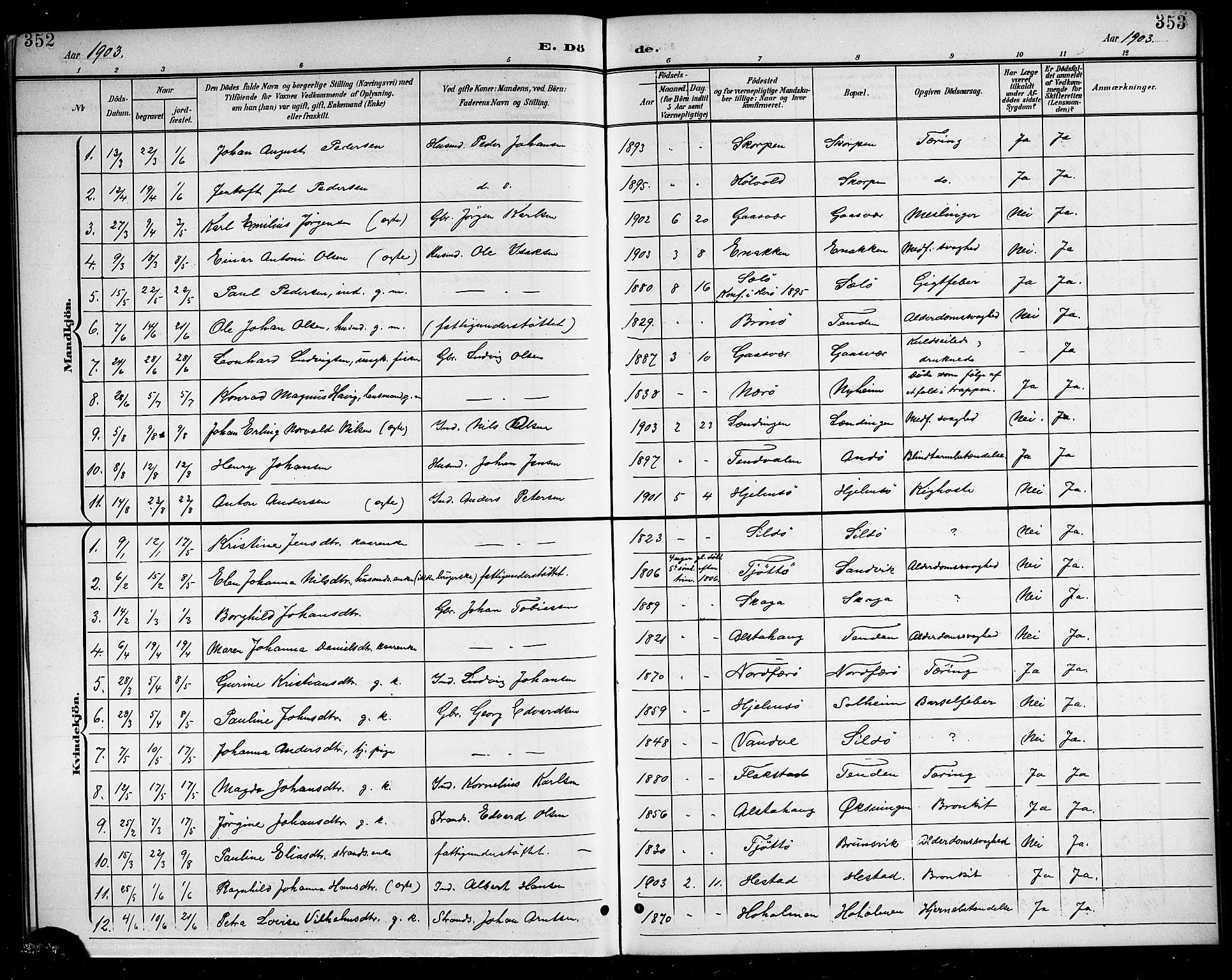 Ministerialprotokoller, klokkerbøker og fødselsregistre - Nordland, AV/SAT-A-1459/834/L0516: Parish register (copy) no. 834C06, 1902-1918, p. 352-353