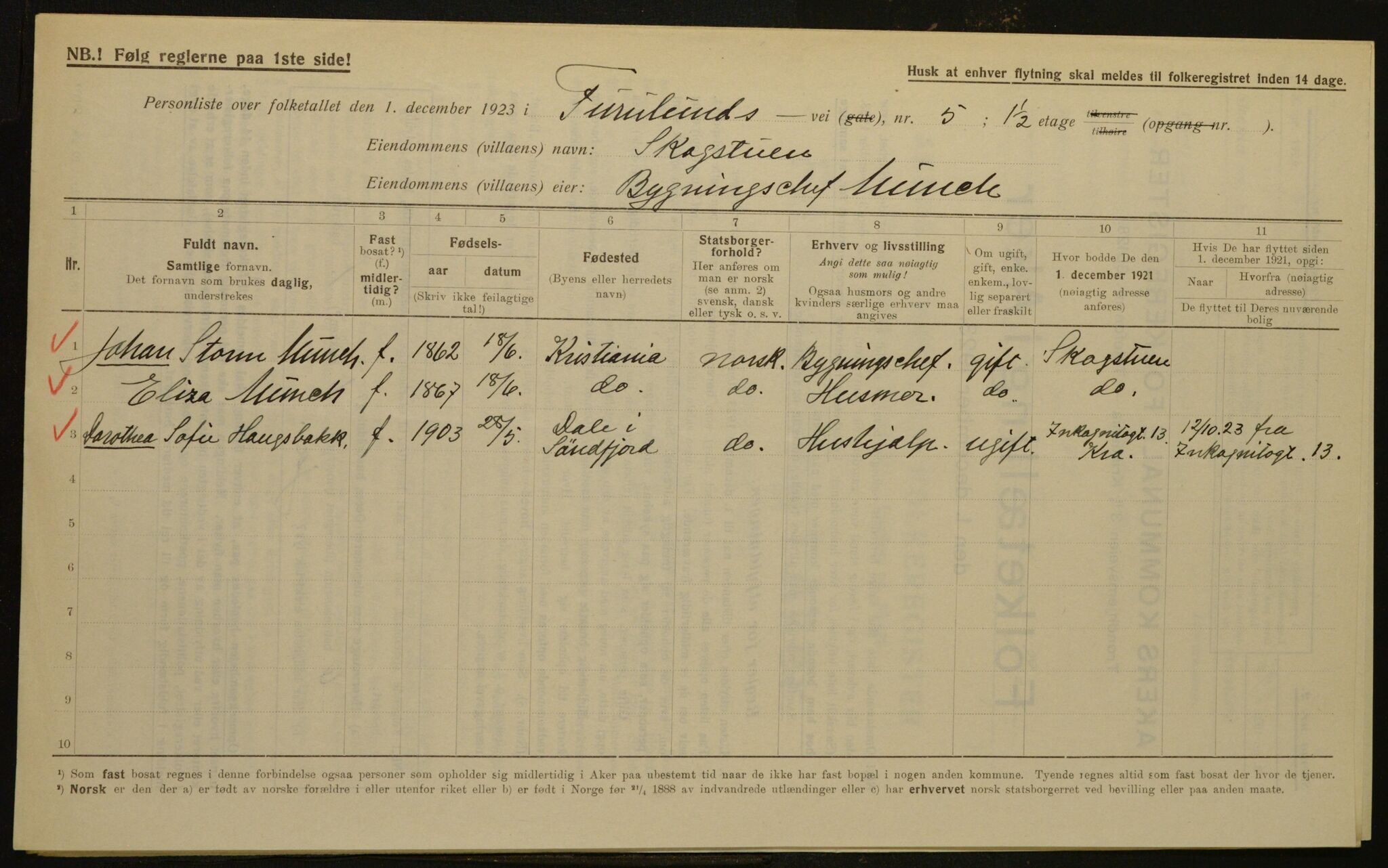 , Municipal Census 1923 for Aker, 1923, p. 1911