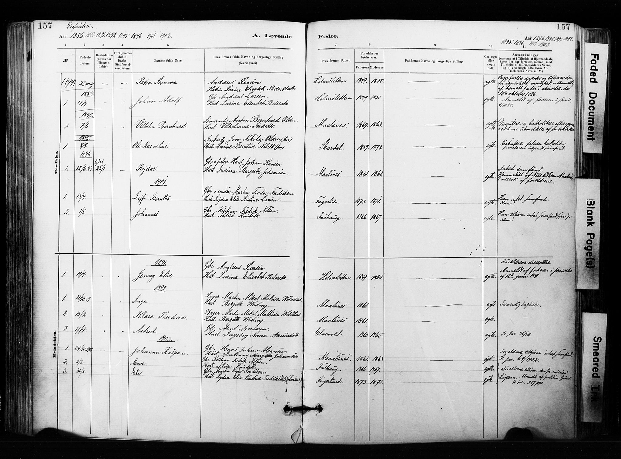 Målselv sokneprestembete, SATØ/S-1311/G/Ga/Gaa/L0007kirke: Parish register (official) no. 7, 1884-1903, p. 157