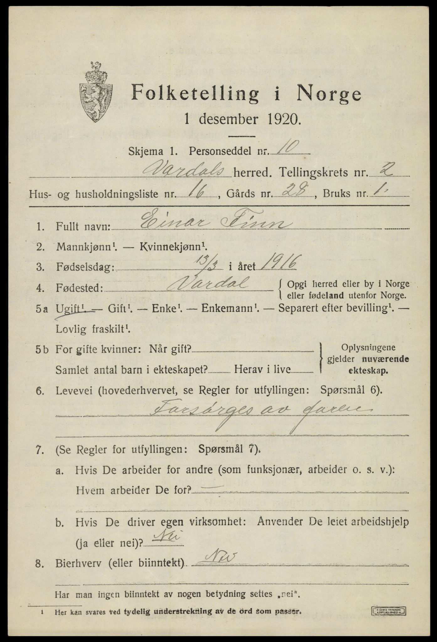 SAH, 1920 census for Vardal, 1920, p. 2655