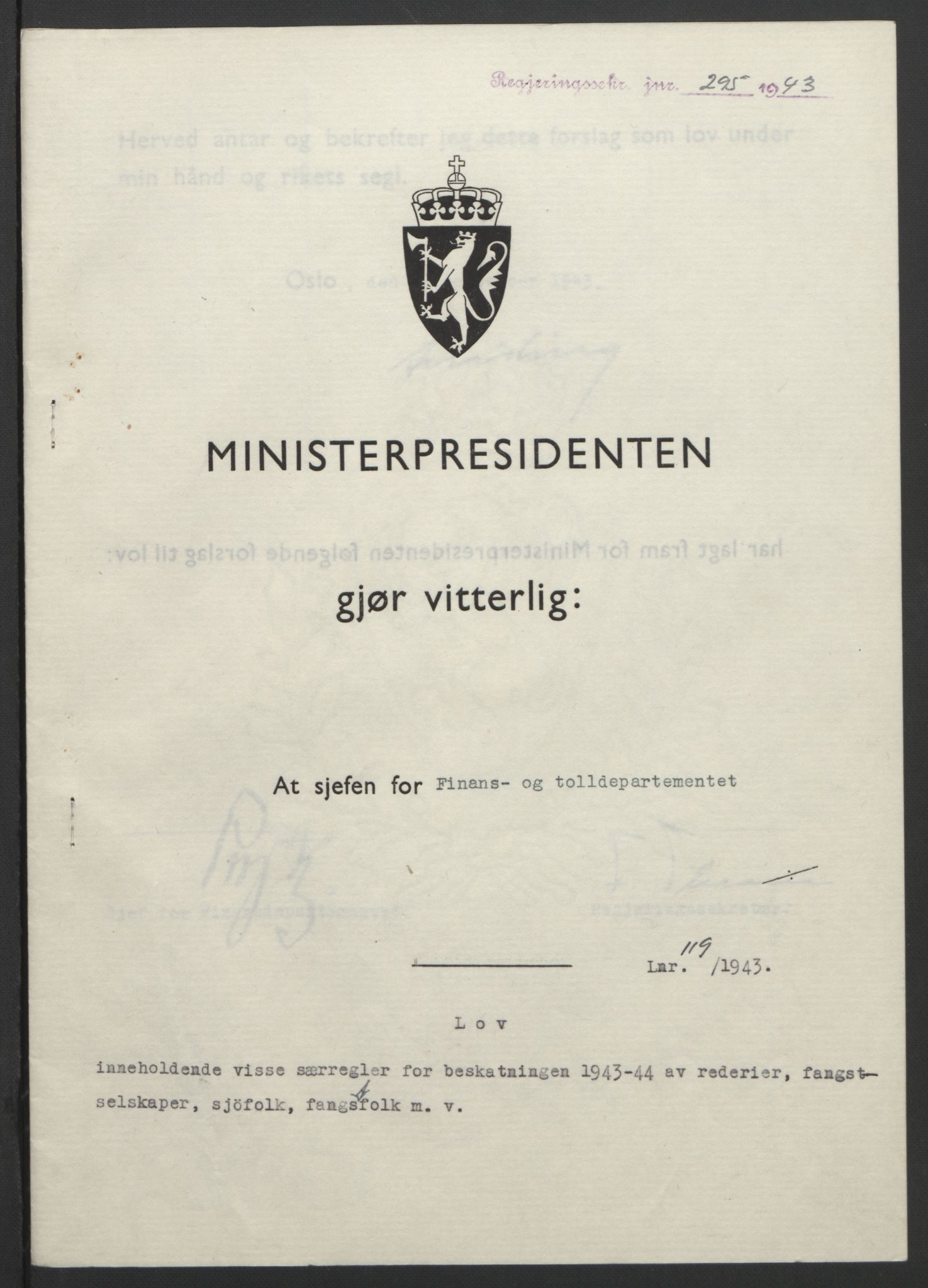 NS-administrasjonen 1940-1945 (Statsrådsekretariatet, de kommisariske statsråder mm), RA/S-4279/D/Db/L0099: Lover, 1943, p. 552