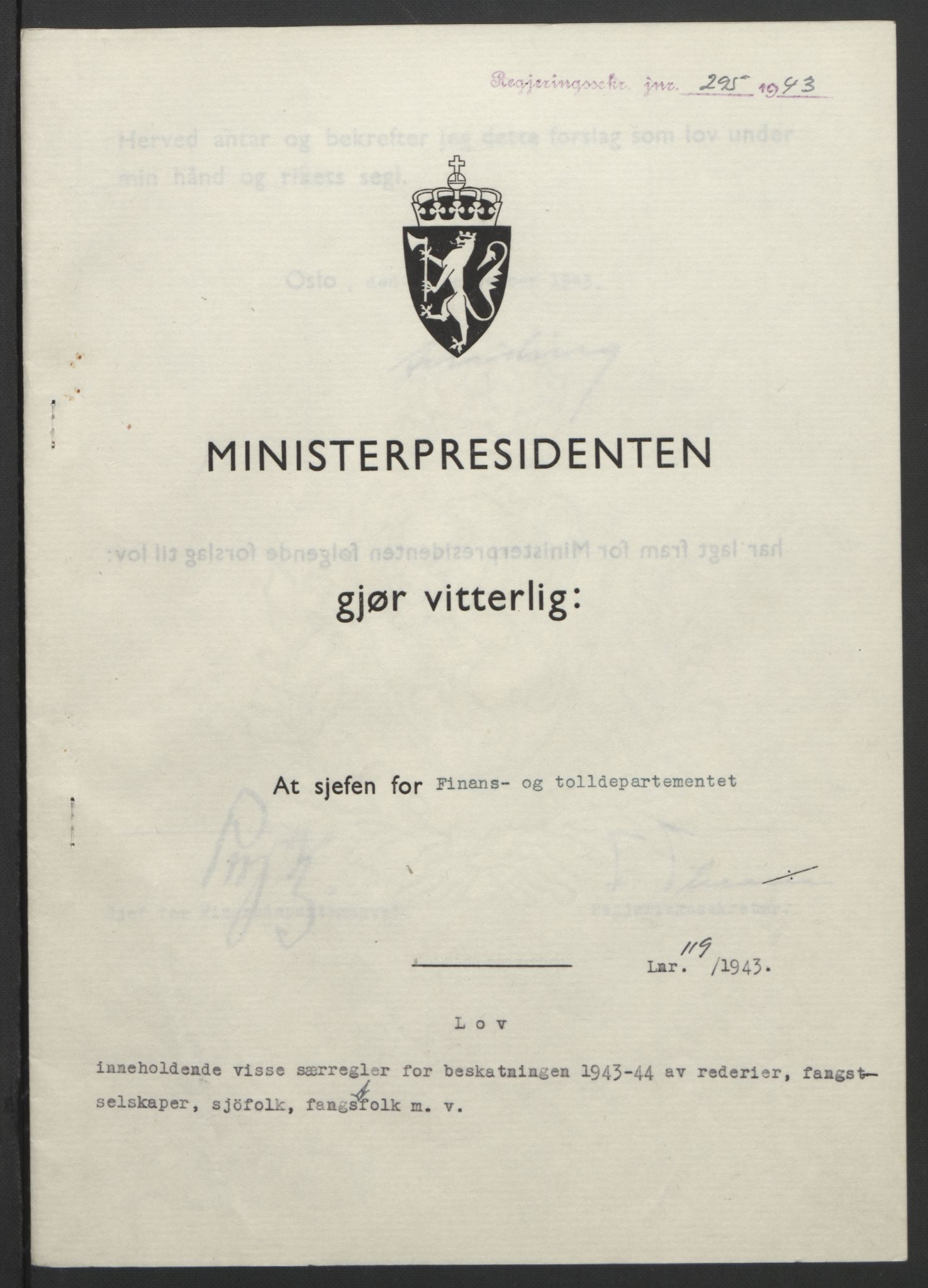 NS-administrasjonen 1940-1945 (Statsrådsekretariatet, de kommisariske statsråder mm), AV/RA-S-4279/D/Db/L0099: Lover, 1943, p. 552