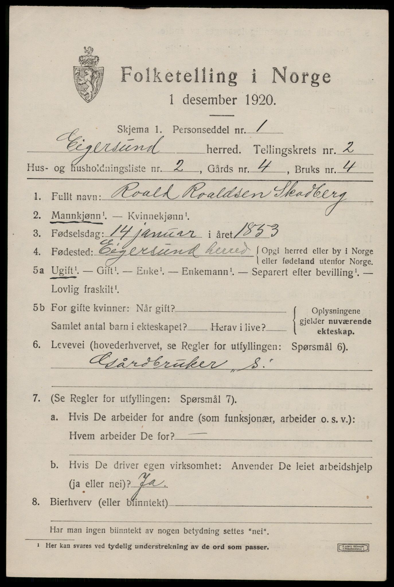 SAST, 1920 census for Eigersund, 1920, p. 1631