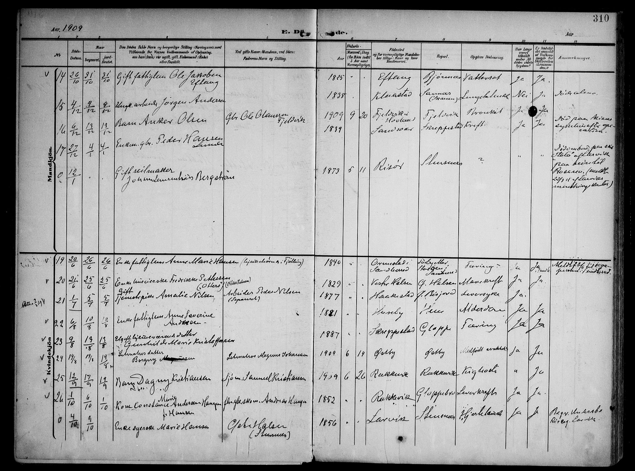 Tjølling kirkebøker, AV/SAKO-A-60/F/Fa/L0010: Parish register (official) no. 10, 1906-1923, p. 310