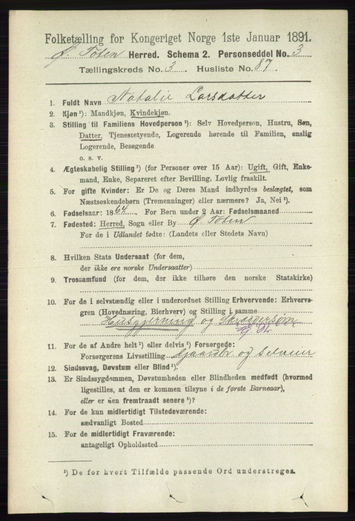 RA, 1891 census for 0528 Østre Toten, 1891, p. 2051