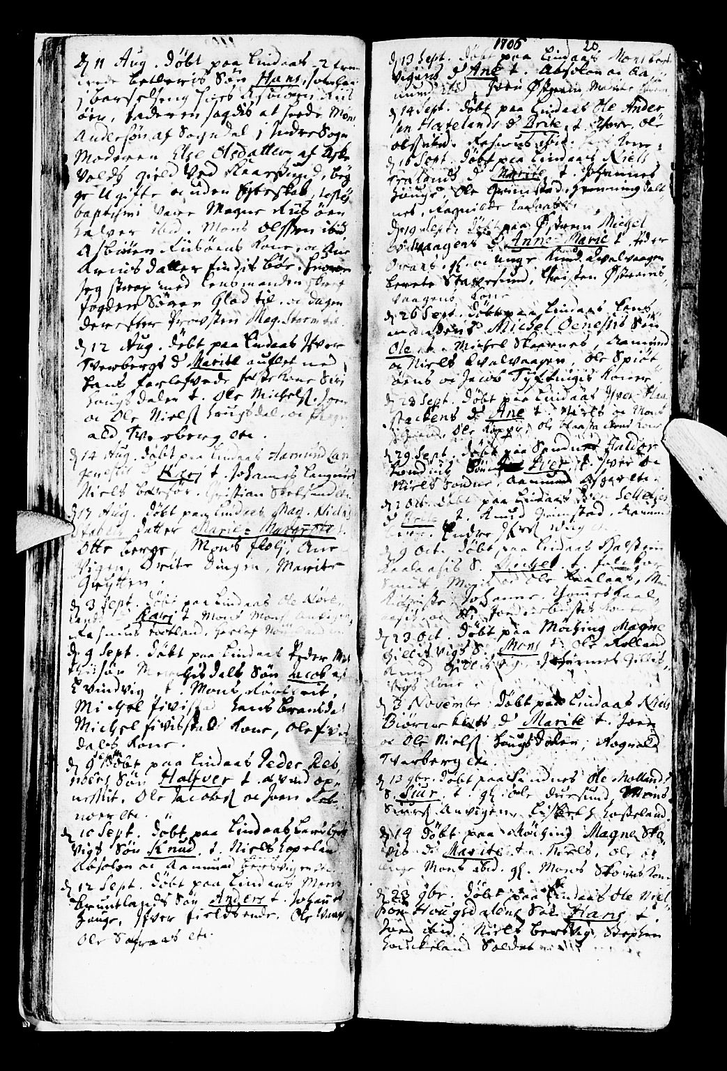 Lindås Sokneprestembete, SAB/A-76701/H/Haa: Parish register (official) no. A 1, 1699-1746, p. 20