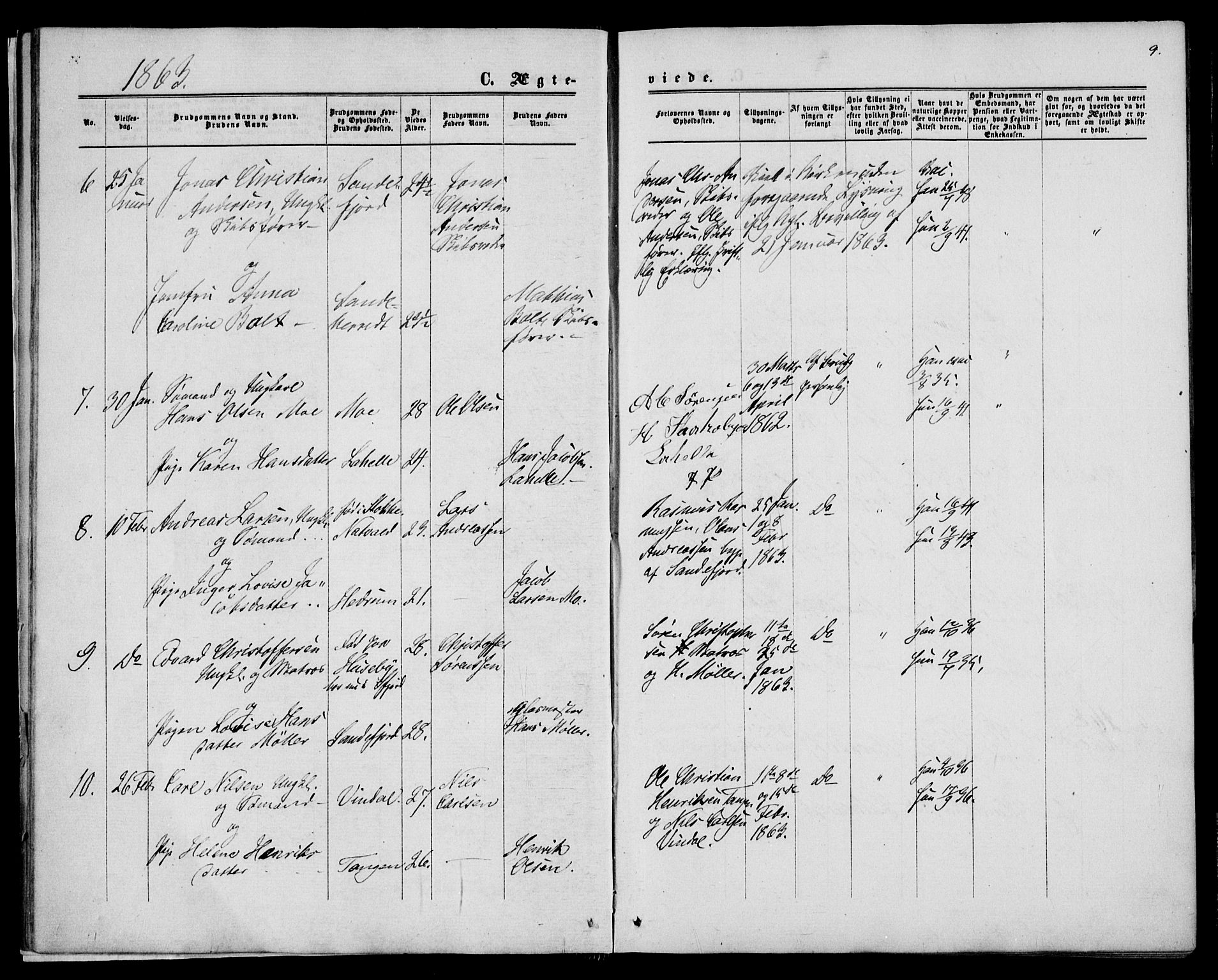 Sandar kirkebøker, SAKO/A-243/F/Fa/L0009: Parish register (official) no. 9, 1862-1871, p. 9