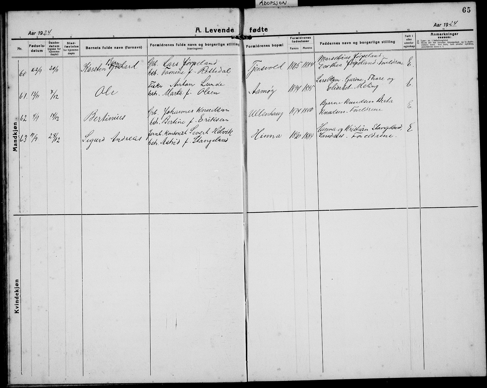 Hetland sokneprestkontor, AV/SAST-A-101826/30/30BB/L0011: Parish register (copy) no. B 11, 1921-1939, p. 65