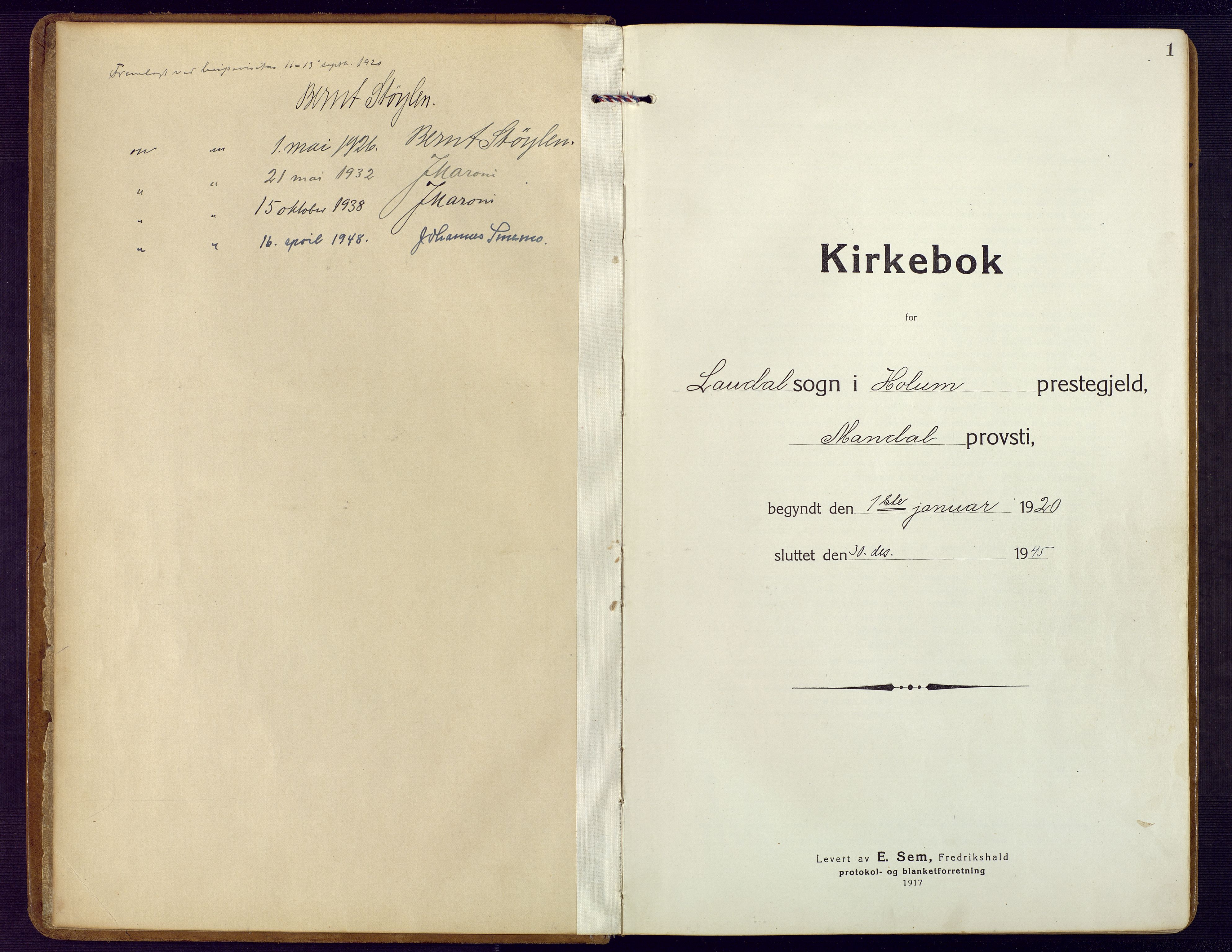 Holum sokneprestkontor, AV/SAK-1111-0022/F/Fb/Fbb/L0005: Parish register (copy) no. B 5, 1920-1945, p. 1