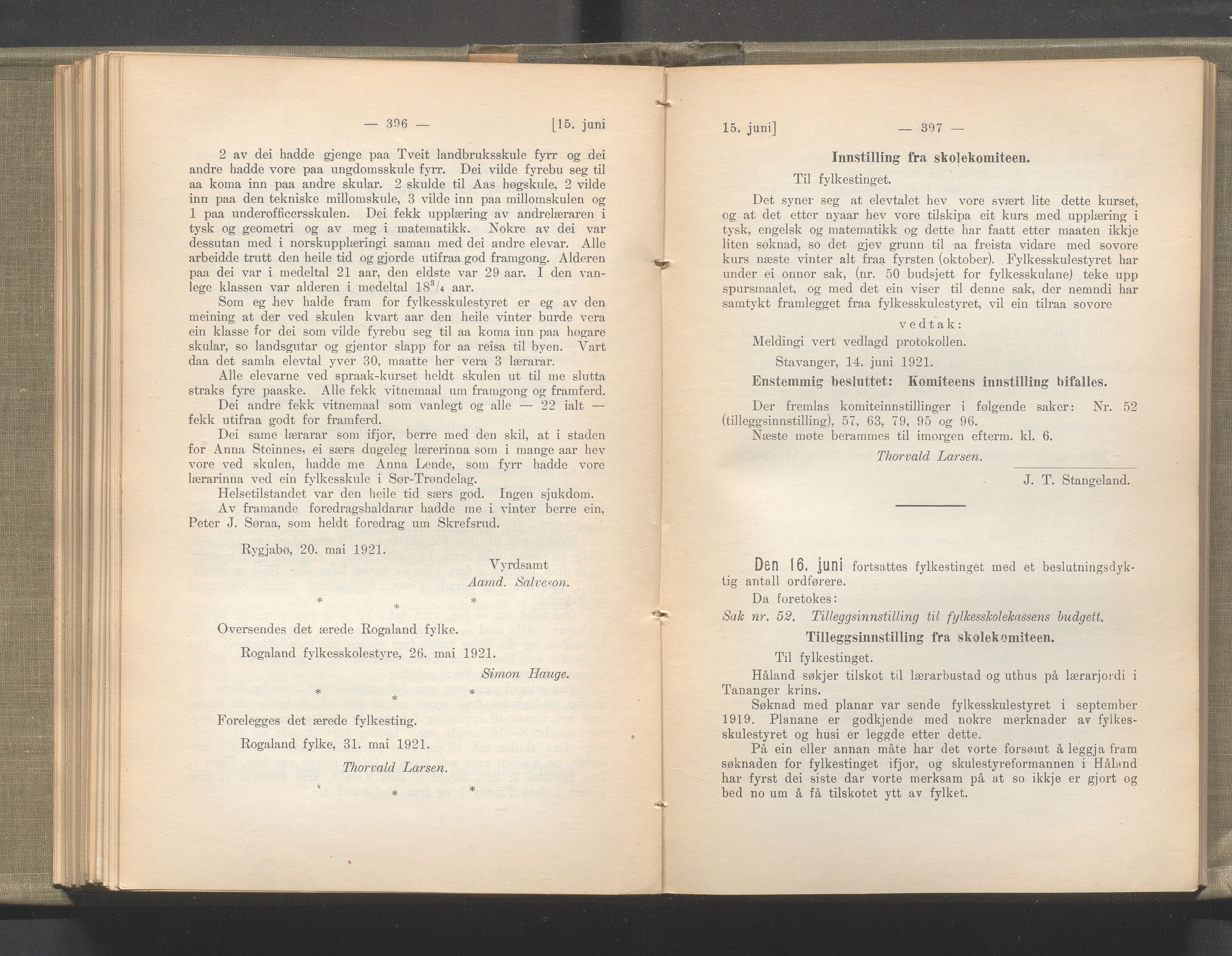 Rogaland fylkeskommune - Fylkesrådmannen , IKAR/A-900/A/Aa/Aaa/L0040: Møtebok , 1921, p. 396-397