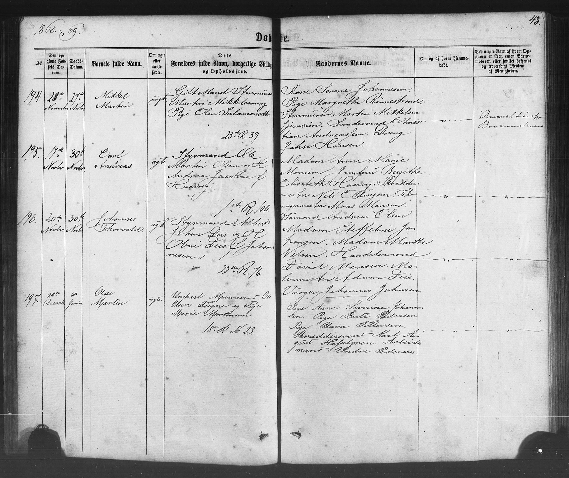 Fødselsstiftelsens sokneprestembete*, SAB/-: Parish register (official) no. A 1, 1863-1883, p. 43