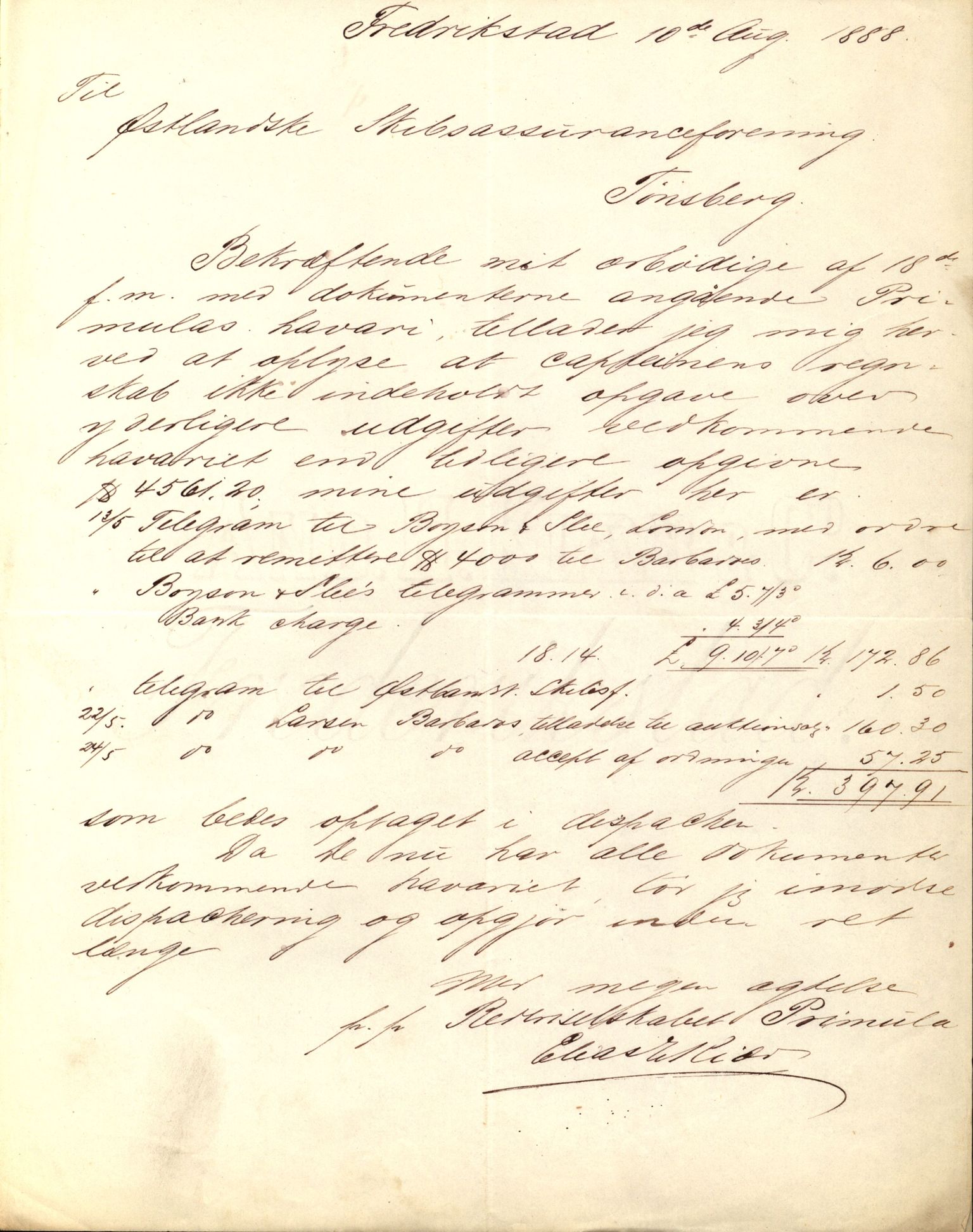 Pa 63 - Østlandske skibsassuranceforening, VEMU/A-1079/G/Ga/L0021/0003: Havaridokumenter / Inga av Drammen, Inga av Sandefjord, Primula, 1888-1889, p. 141