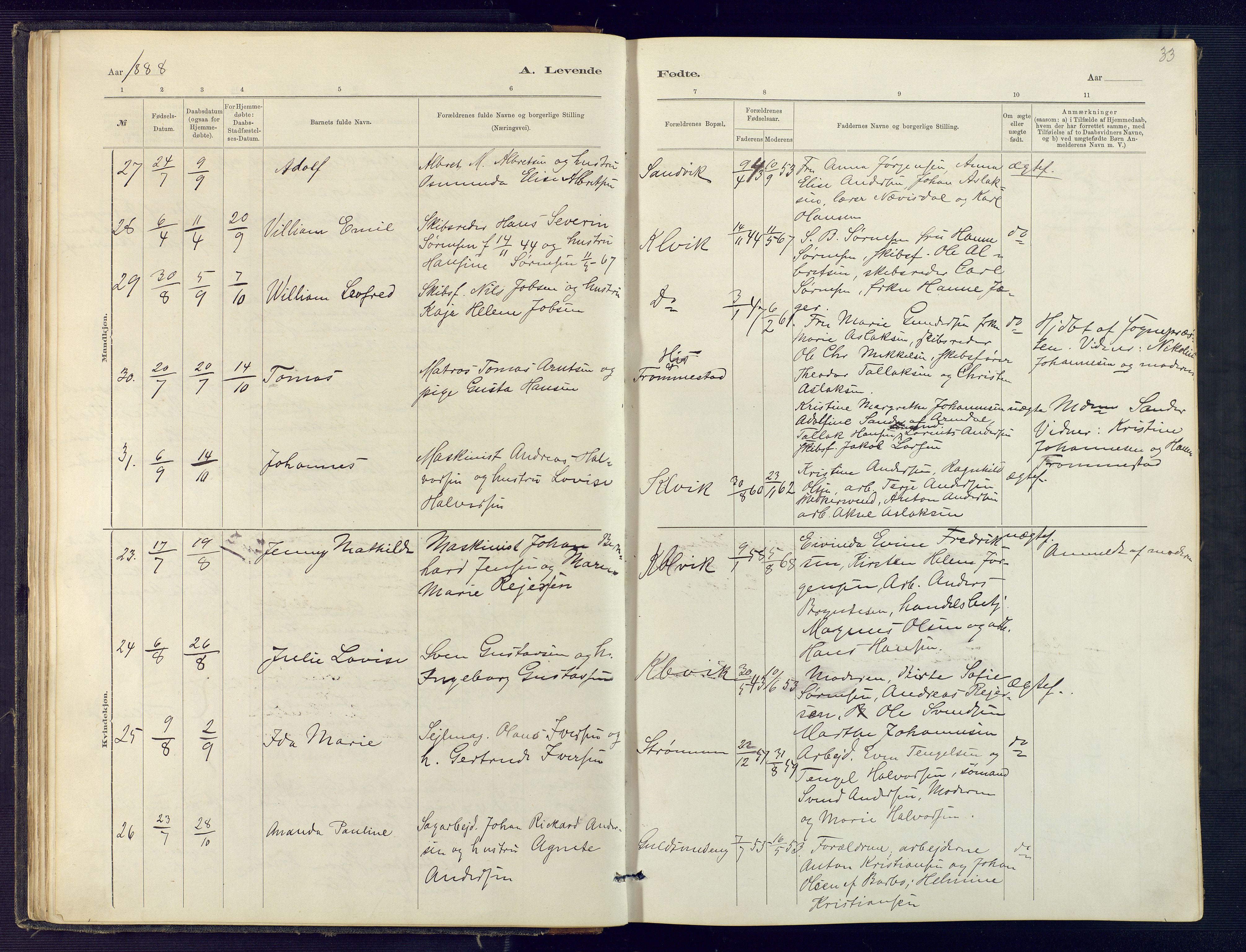 Hisøy sokneprestkontor, AV/SAK-1111-0020/F/Fb/L0003: Parish register (copy) no. B 3, 1885-1905, p. 33