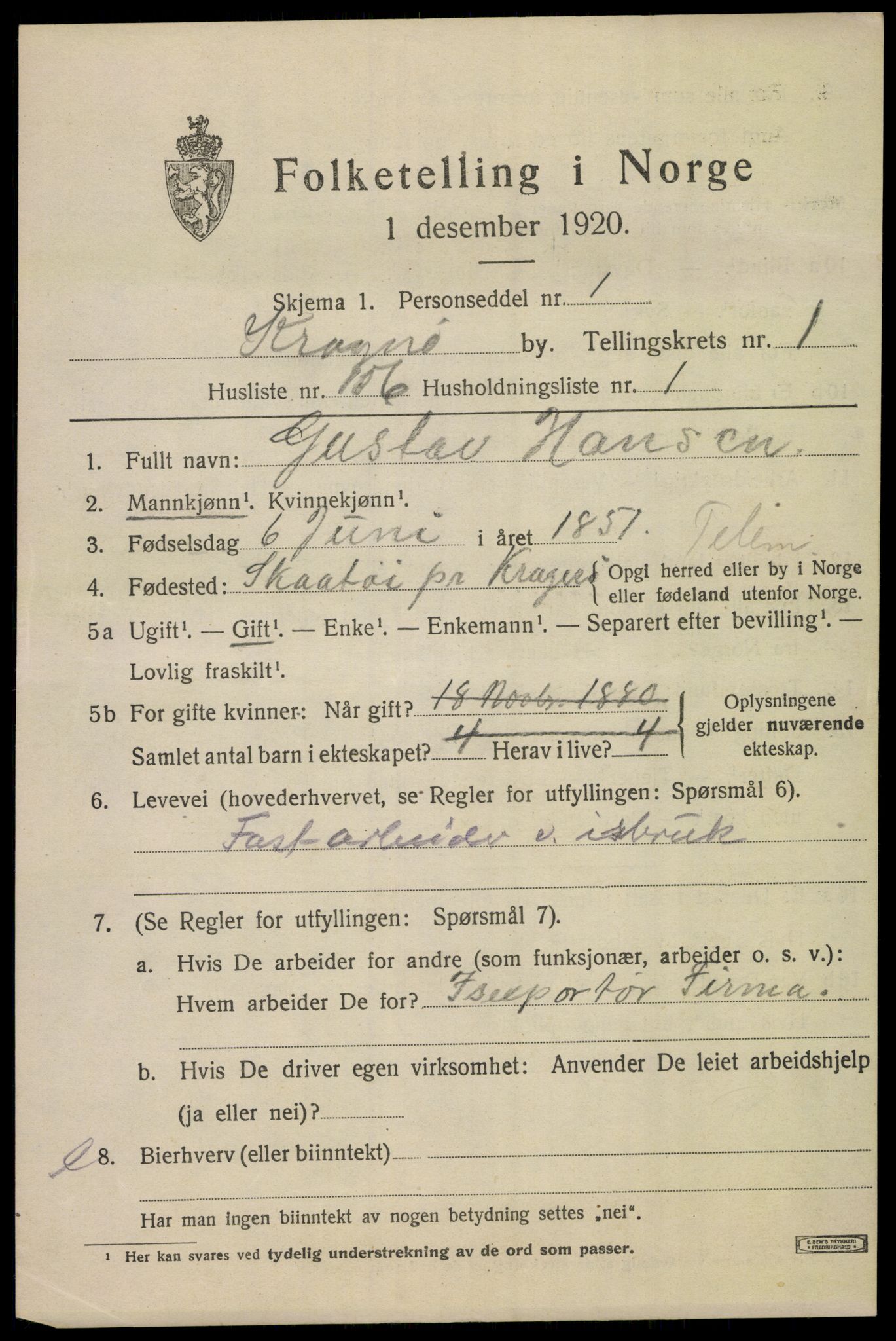 SAKO, 1920 census for Kragerø, 1920, p. 5343