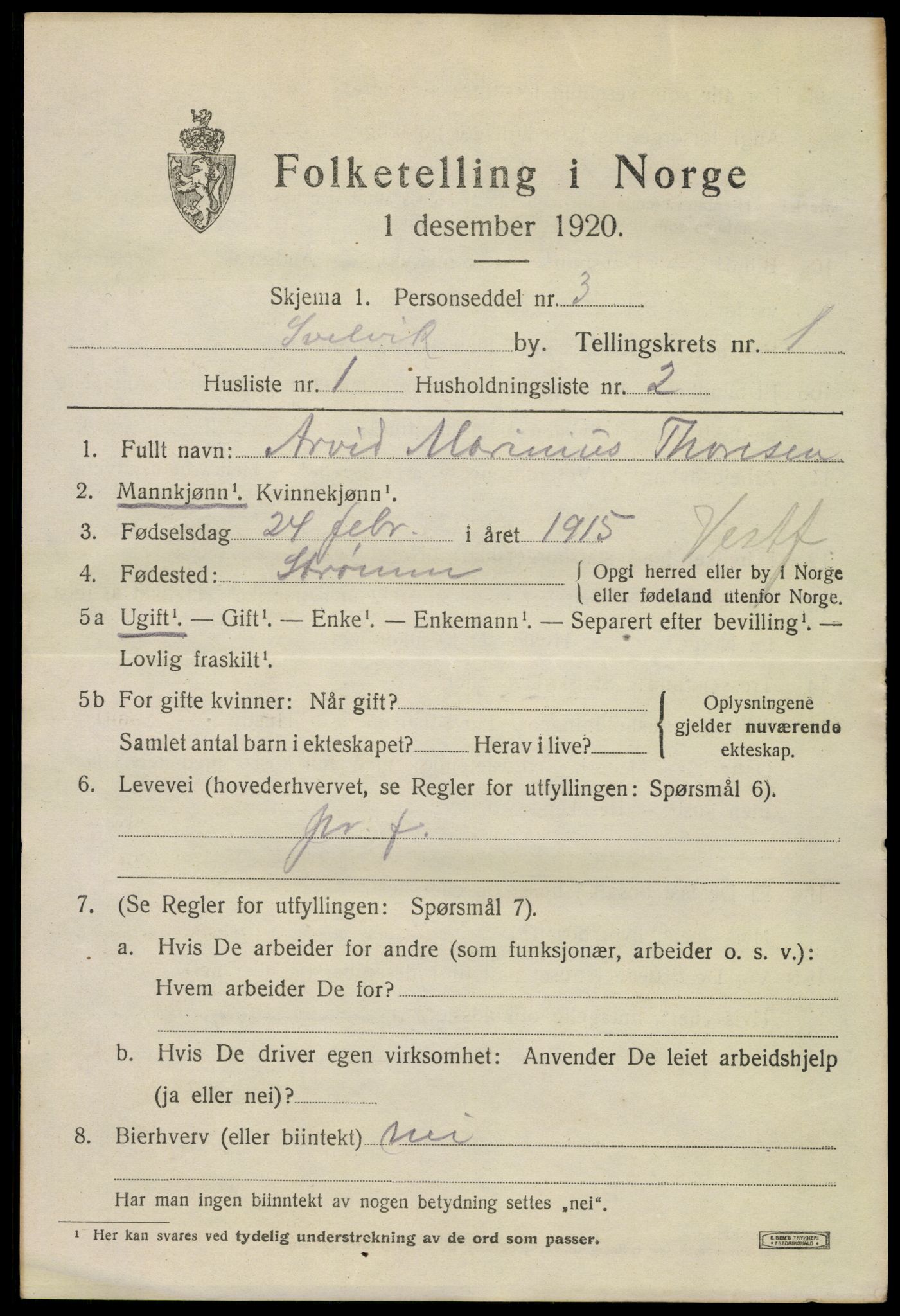 SAKO, 1920 census for Svelvik, 1920, p. 1187