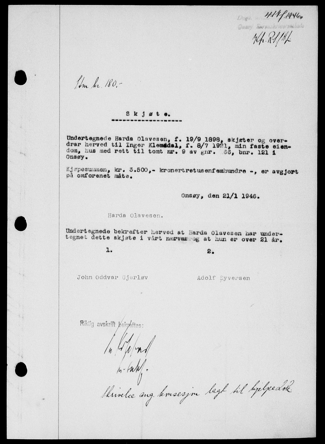 Onsøy sorenskriveri, SAO/A-10474/G/Ga/Gab/L0015: Mortgage book no. II A-15, 1945-1946, Diary no: : 417/1946
