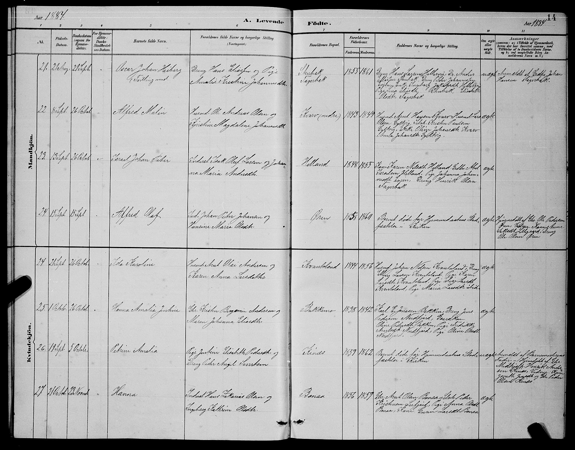 Ministerialprotokoller, klokkerbøker og fødselsregistre - Nordland, AV/SAT-A-1459/854/L0785: Parish register (copy) no. 854C01, 1883-1891, p. 14