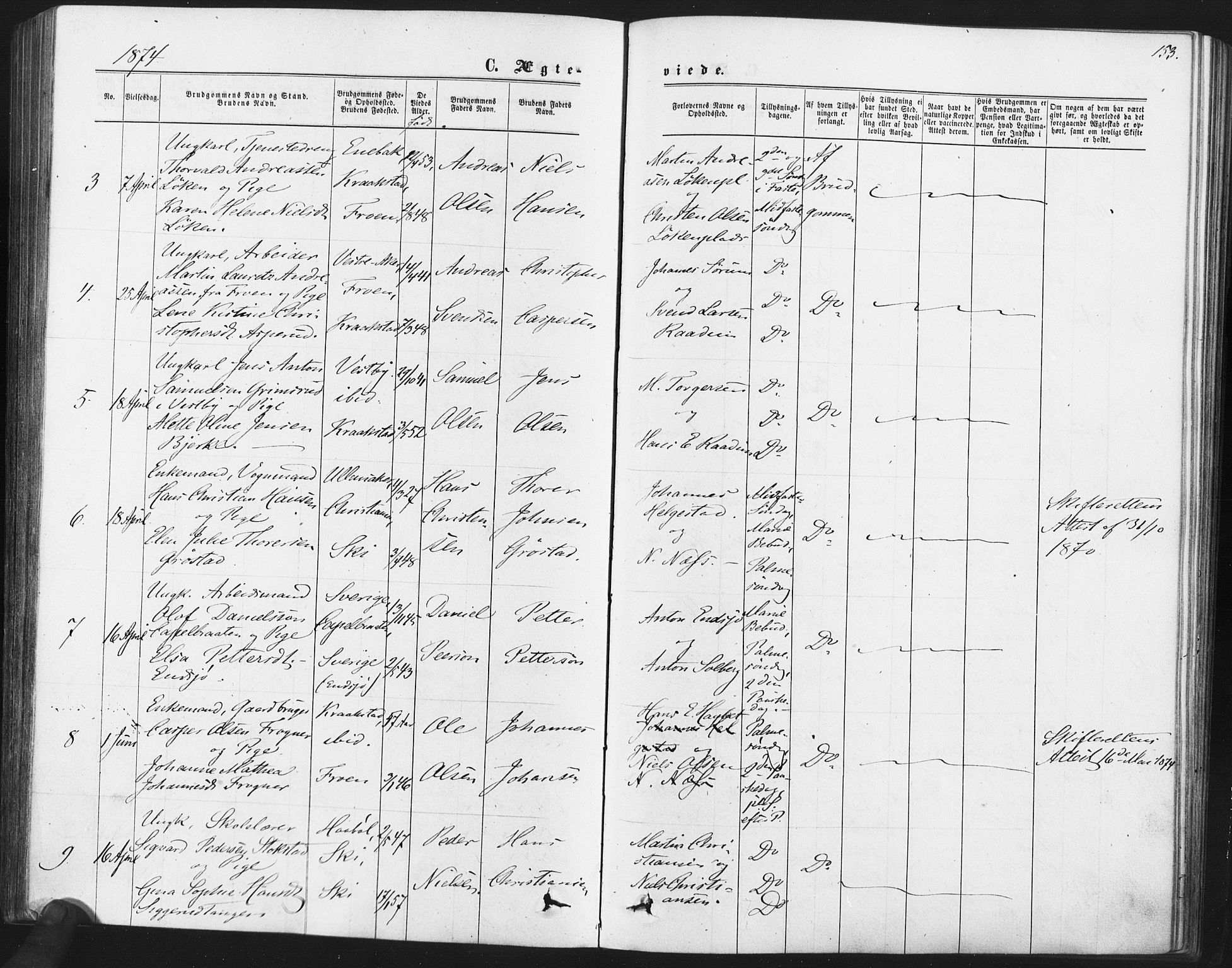 Kråkstad prestekontor Kirkebøker, AV/SAO-A-10125a/F/Fa/L0008: Parish register (official) no. I 8, 1870-1879, p. 153