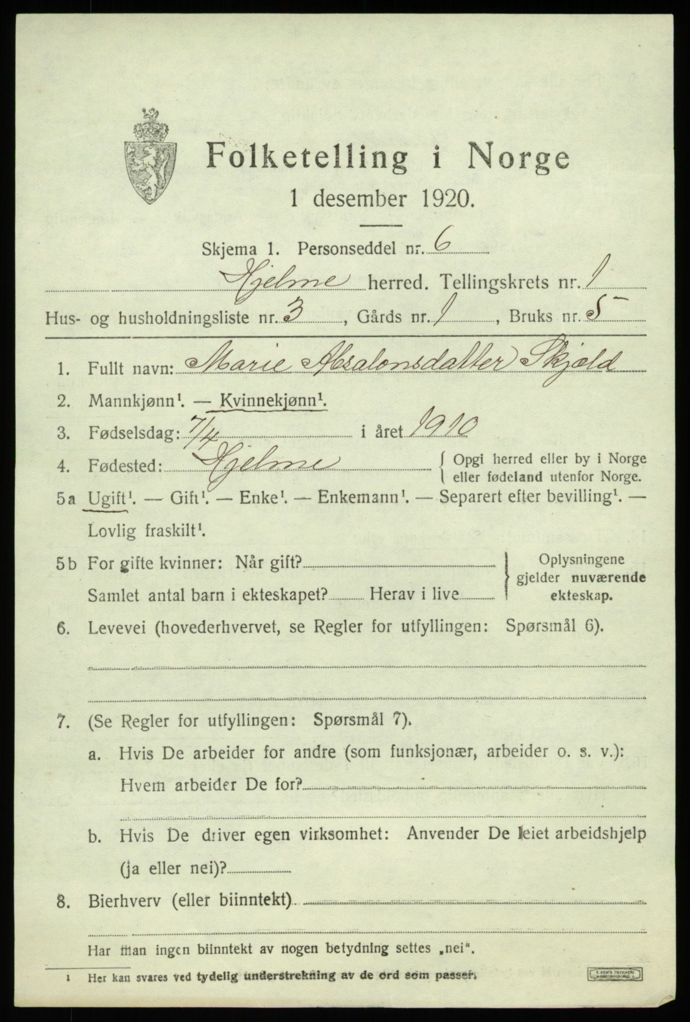 SAB, 1920 census for Hjelme, 1920, p. 390