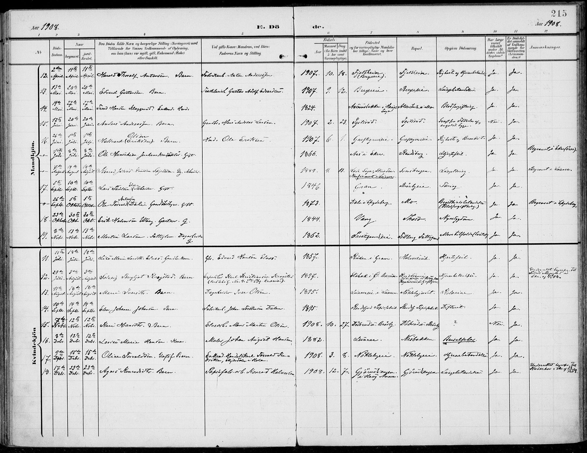 Jevnaker prestekontor, SAH/PREST-116/H/Ha/Haa/L0011: Parish register (official) no. 11, 1902-1913, p. 215