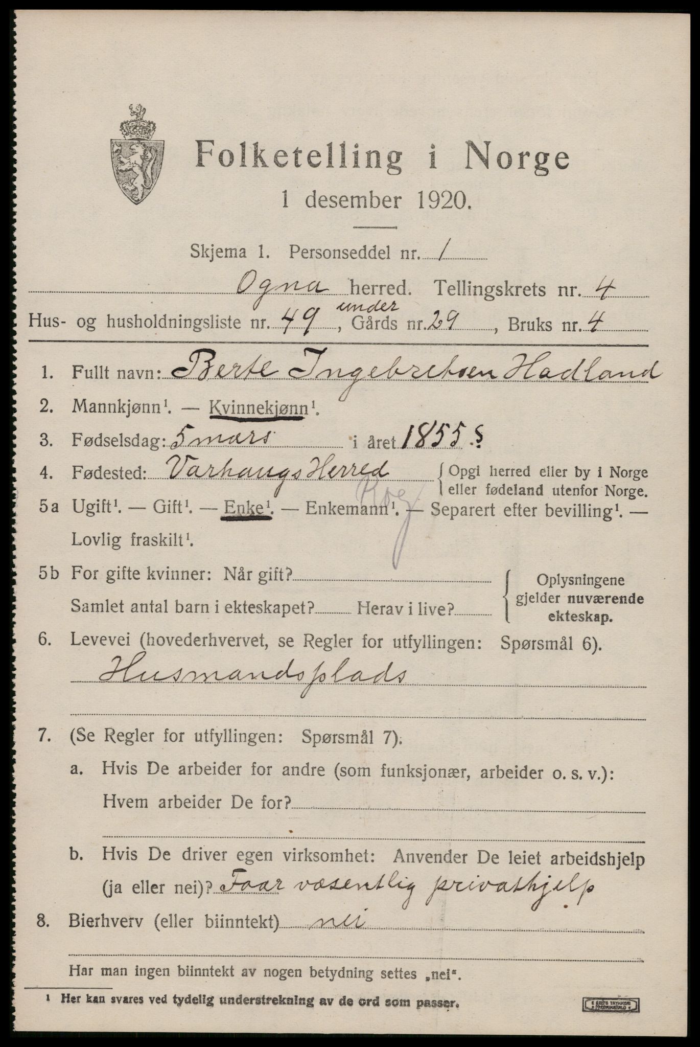 SAST, 1920 census for Ogna, 1920, p. 3001