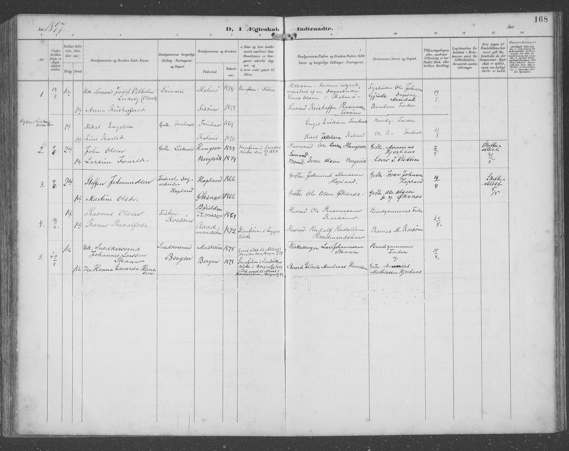 Lindås Sokneprestembete, SAB/A-76701/H/Hab: Parish register (copy) no. C 4, 1894-1910, p. 168