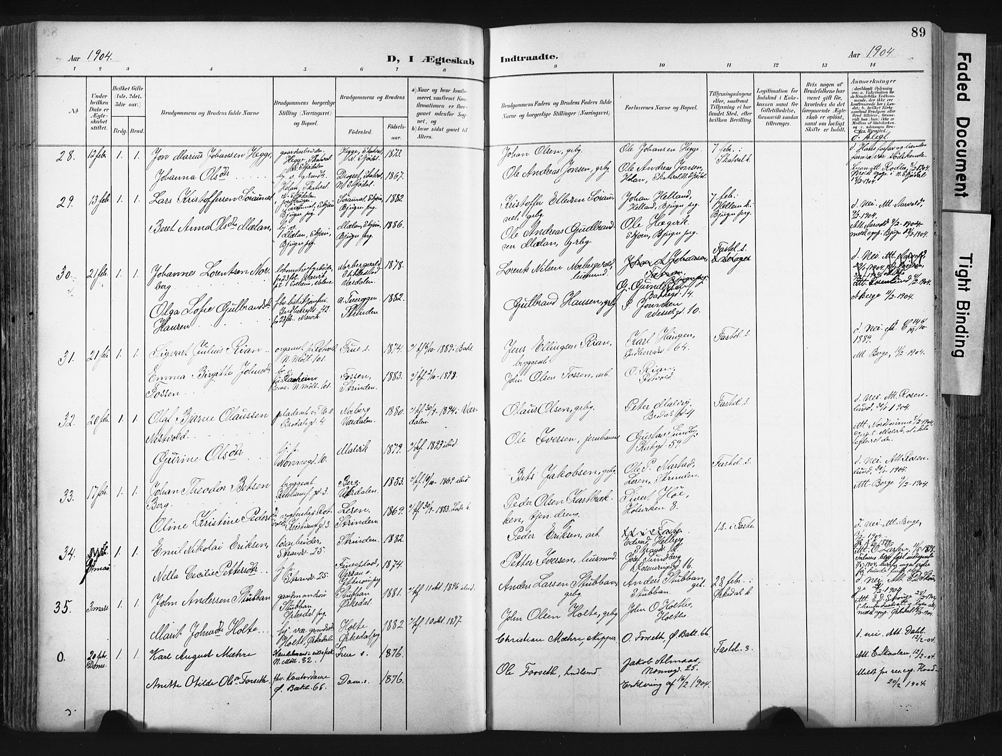 Ministerialprotokoller, klokkerbøker og fødselsregistre - Sør-Trøndelag, AV/SAT-A-1456/604/L0201: Parish register (official) no. 604A21, 1901-1911, p. 89