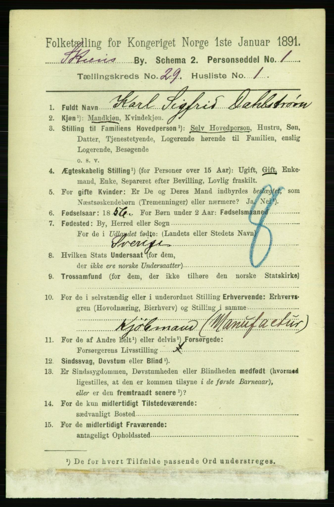 RA, 1891 census for 0806 Skien, 1891, p. 6693