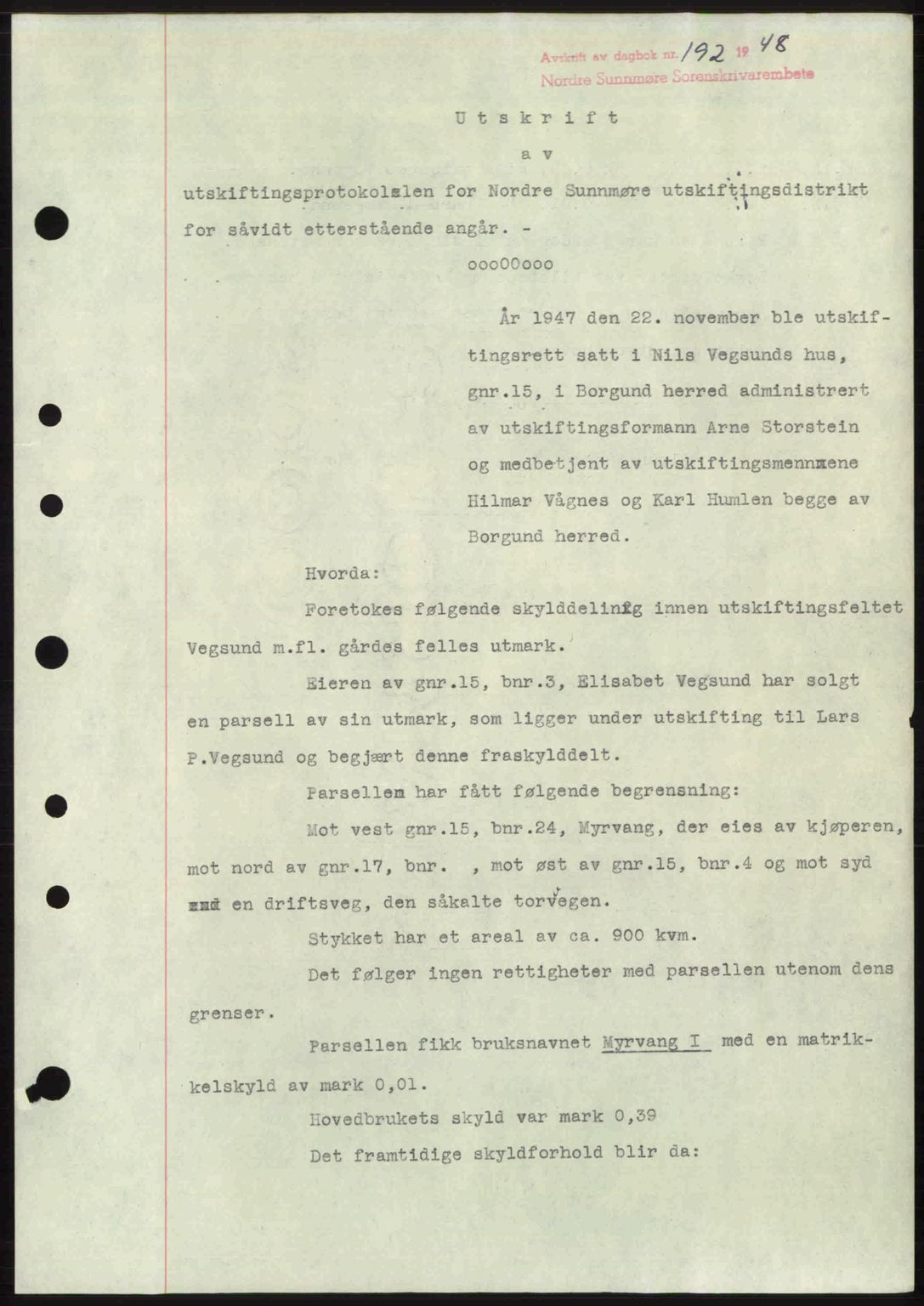 Nordre Sunnmøre sorenskriveri, AV/SAT-A-0006/1/2/2C/2Ca: Mortgage book no. A26, 1947-1948, Diary no: : 192/1948