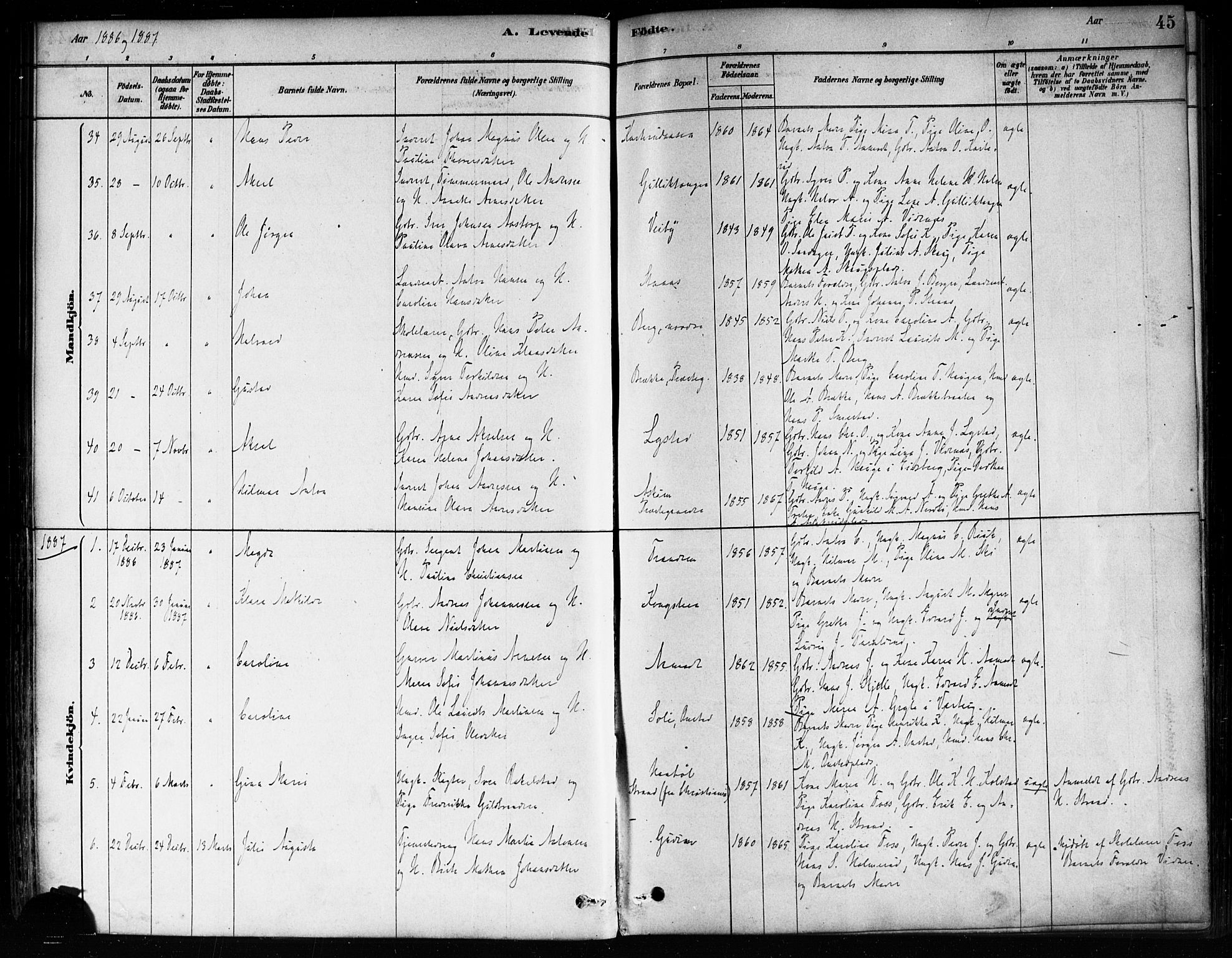 Skiptvet prestekontor Kirkebøker, SAO/A-20009/F/Fa/L0009: Parish register (official) no. 9, 1878-1900, p. 45