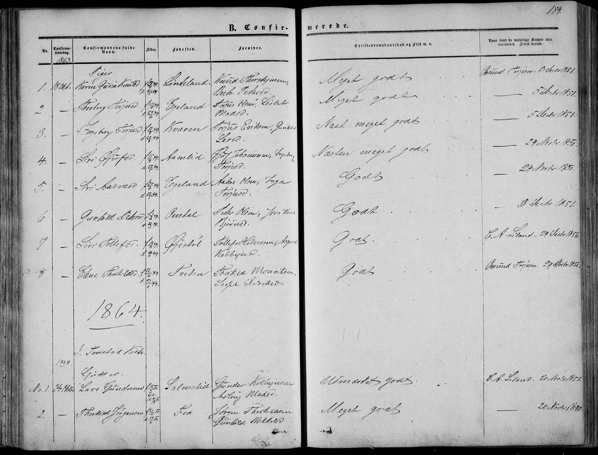 Sirdal sokneprestkontor, AV/SAK-1111-0036/F/Fa/Fab/L0002: Parish register (official) no. A 2, 1855-1874, p. 184