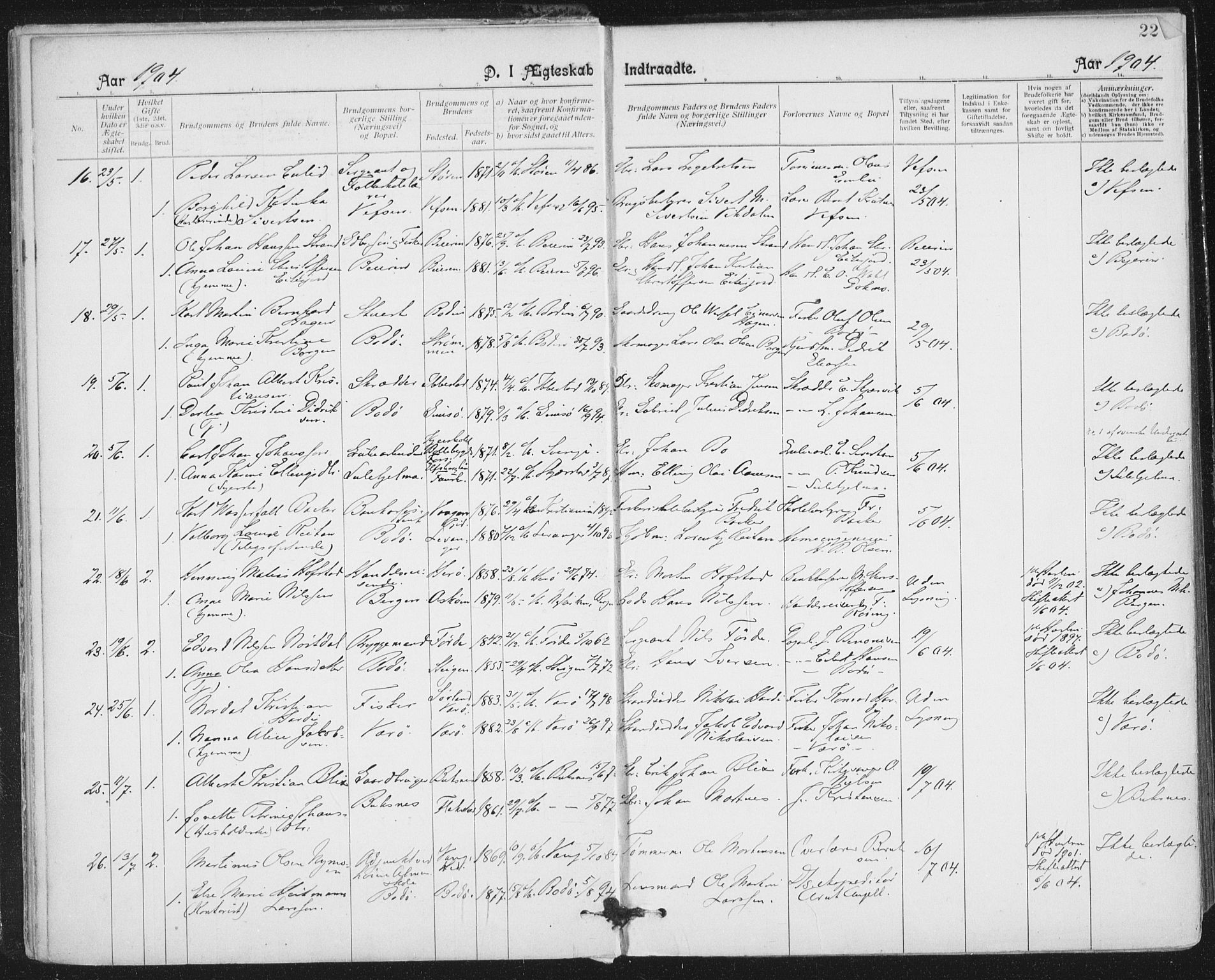 Ministerialprotokoller, klokkerbøker og fødselsregistre - Nordland, SAT/A-1459/801/L0012: Parish register (official) no. 801A12, 1900-1916, p. 22