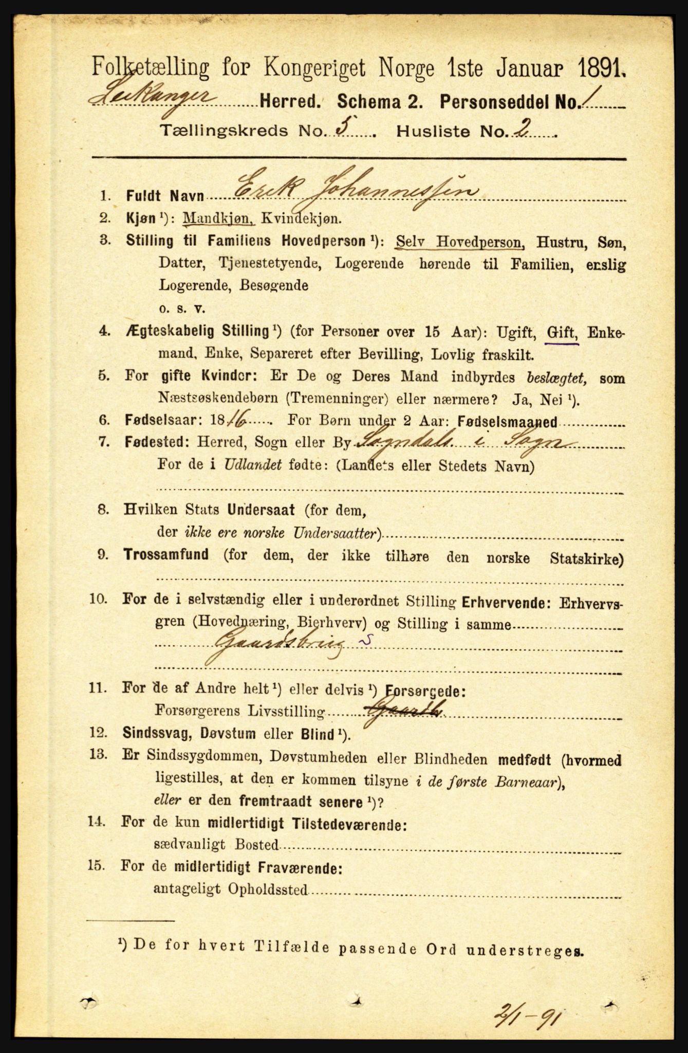 RA, 1891 census for 1419 Leikanger, 1891, p. 879