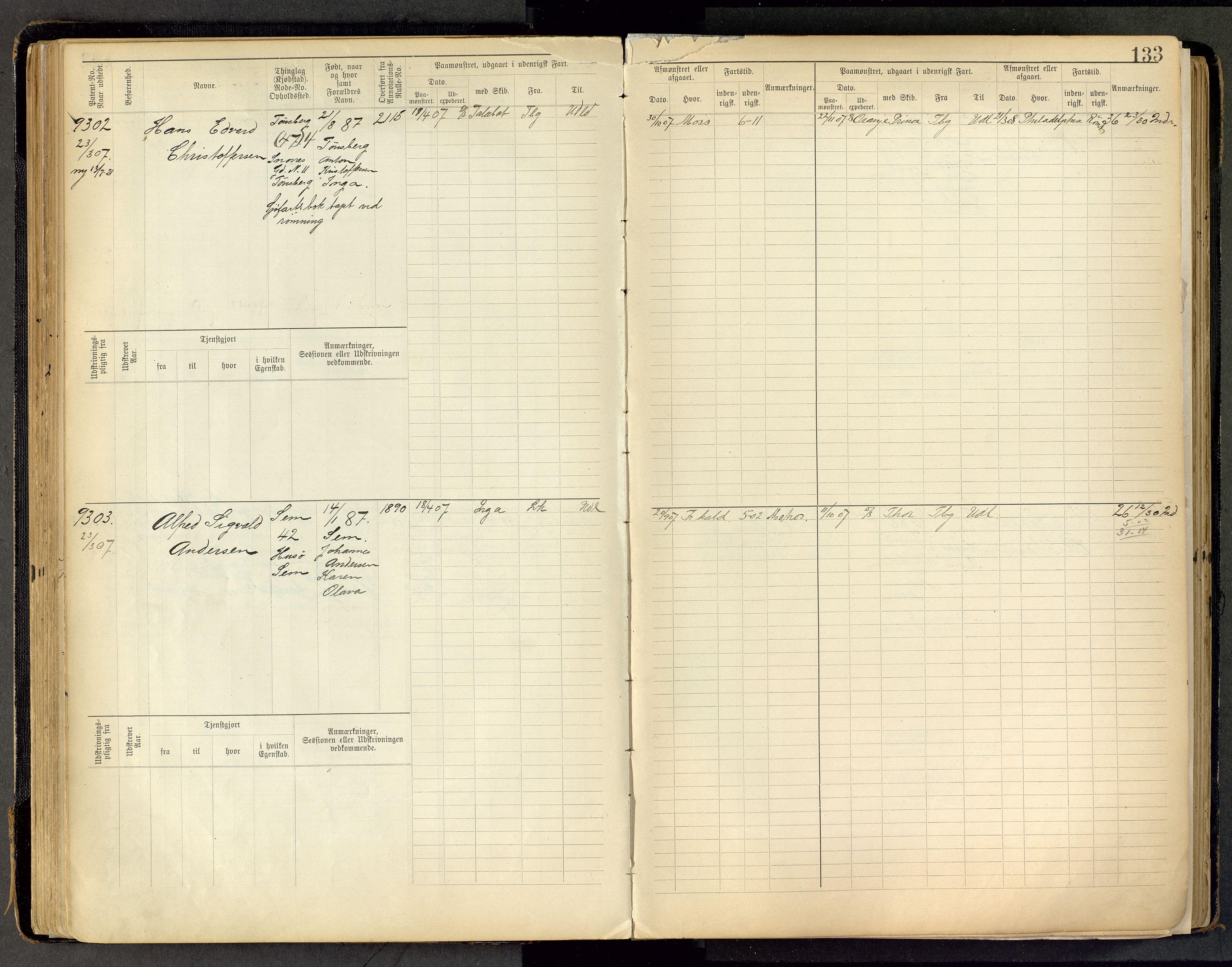 Tønsberg innrulleringskontor, AV/SAKO-A-786/F/Fc/Fca/L0011: Hovedrulle Patent nr. 9038-9992, 1900-1912, p. 133