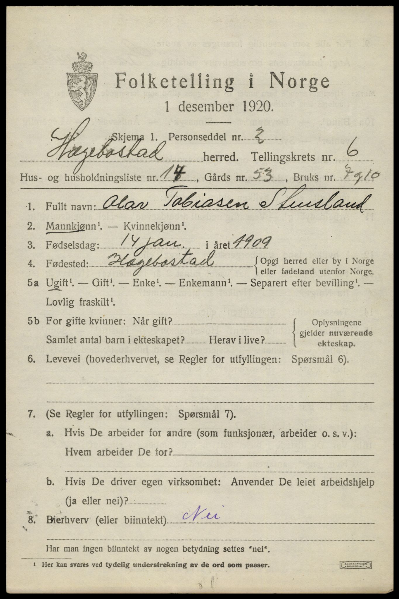 SAK, 1920 census for Hægebostad, 1920, p. 2101
