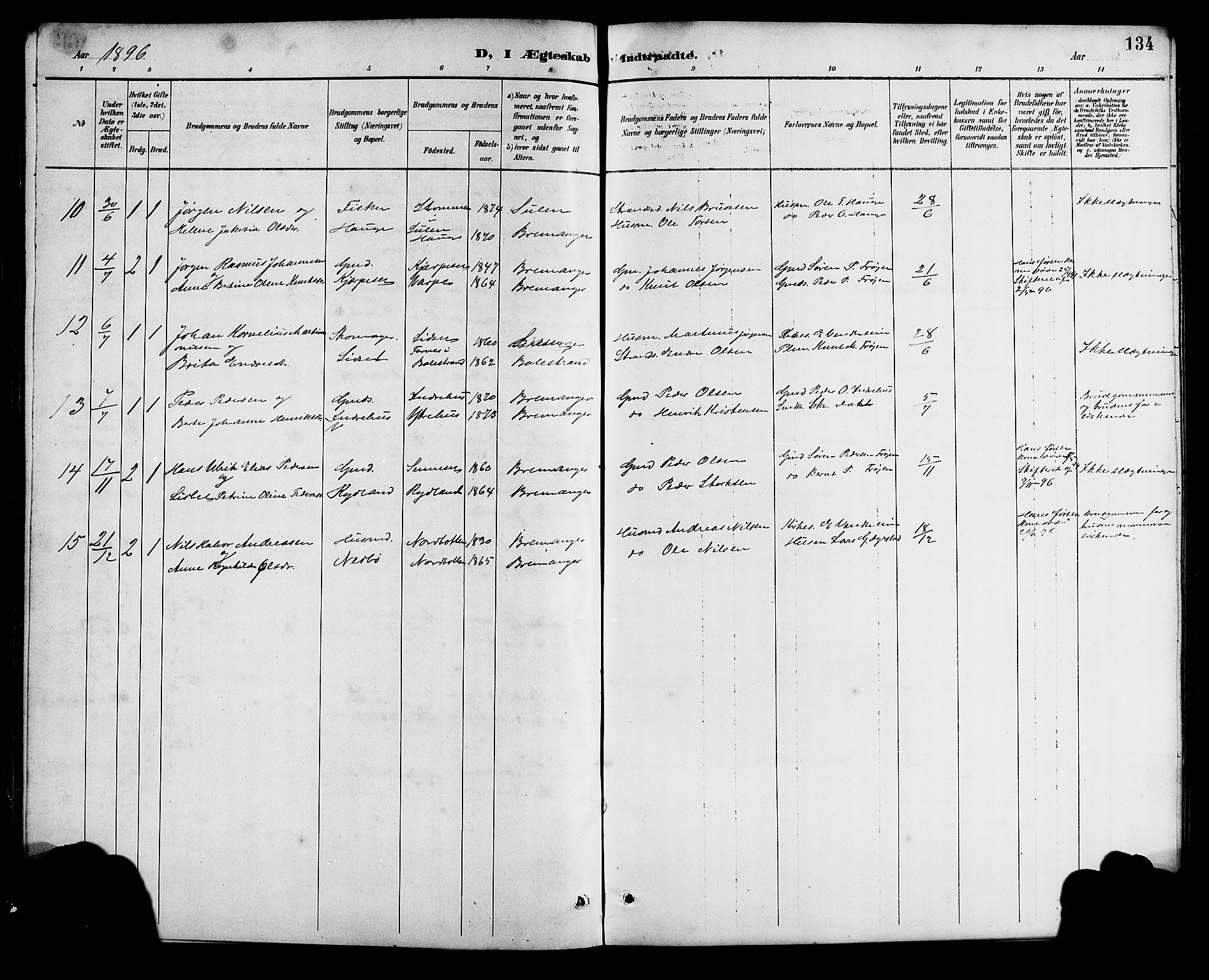 Bremanger sokneprestembete, SAB/A-82201/H/Hab/Haba/L0003: Parish register (copy) no. A 3, 1890-1908, p. 134